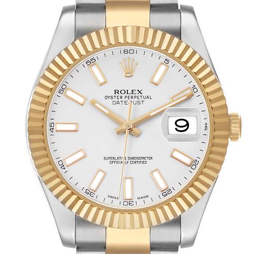 The Rolex Datejust 41 116333 Men's Steel and Gold (two tone) Silver Dial watch is shown from a front angle, featuring a white dial, gold fluted bezel, and two-tone bracelet.