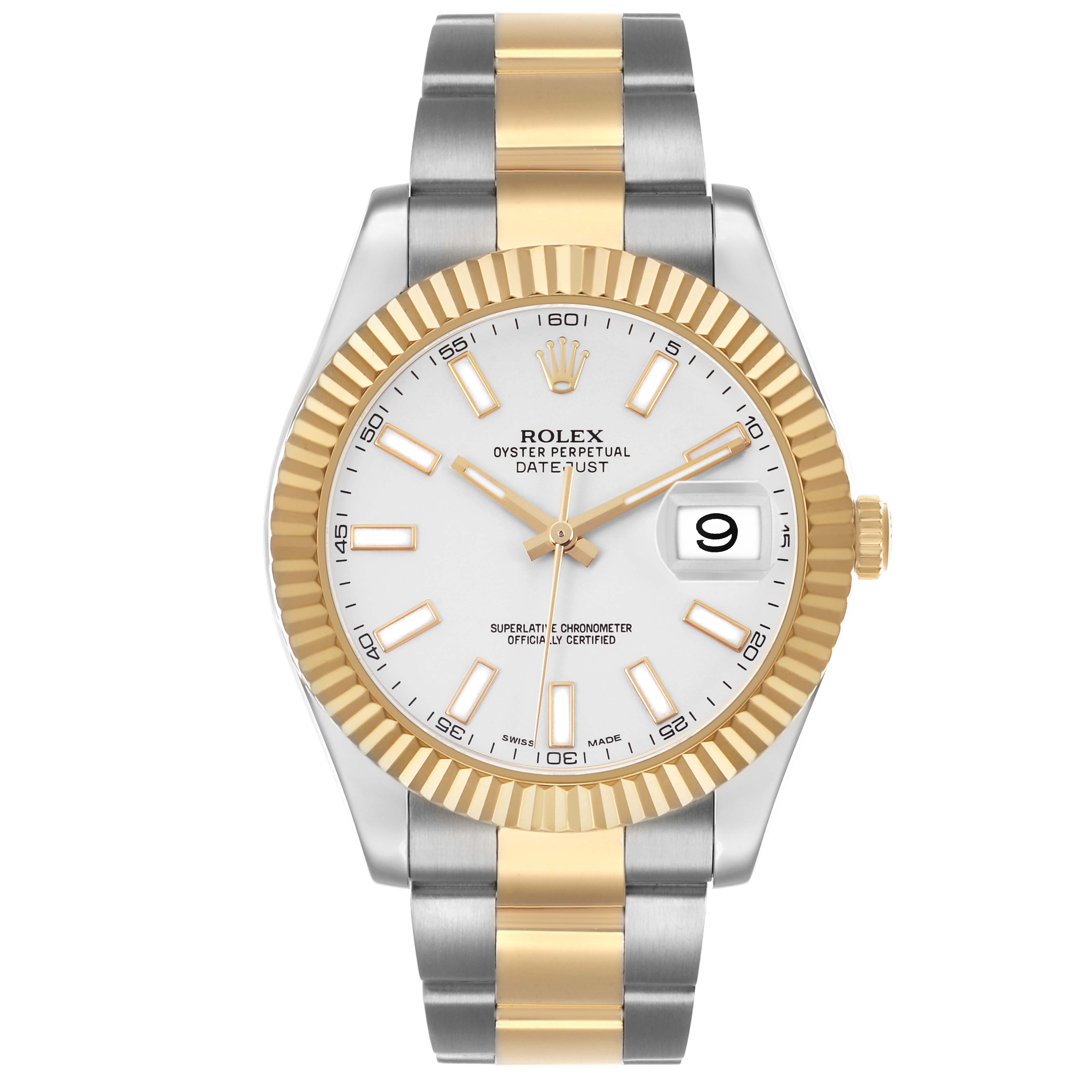 The Rolex Datejust 41 116333 Men's Steel and Gold (two tone) Silver Dial watch is shown from the front, featuring its dial, fluted bezel, and two-tone bracelet.