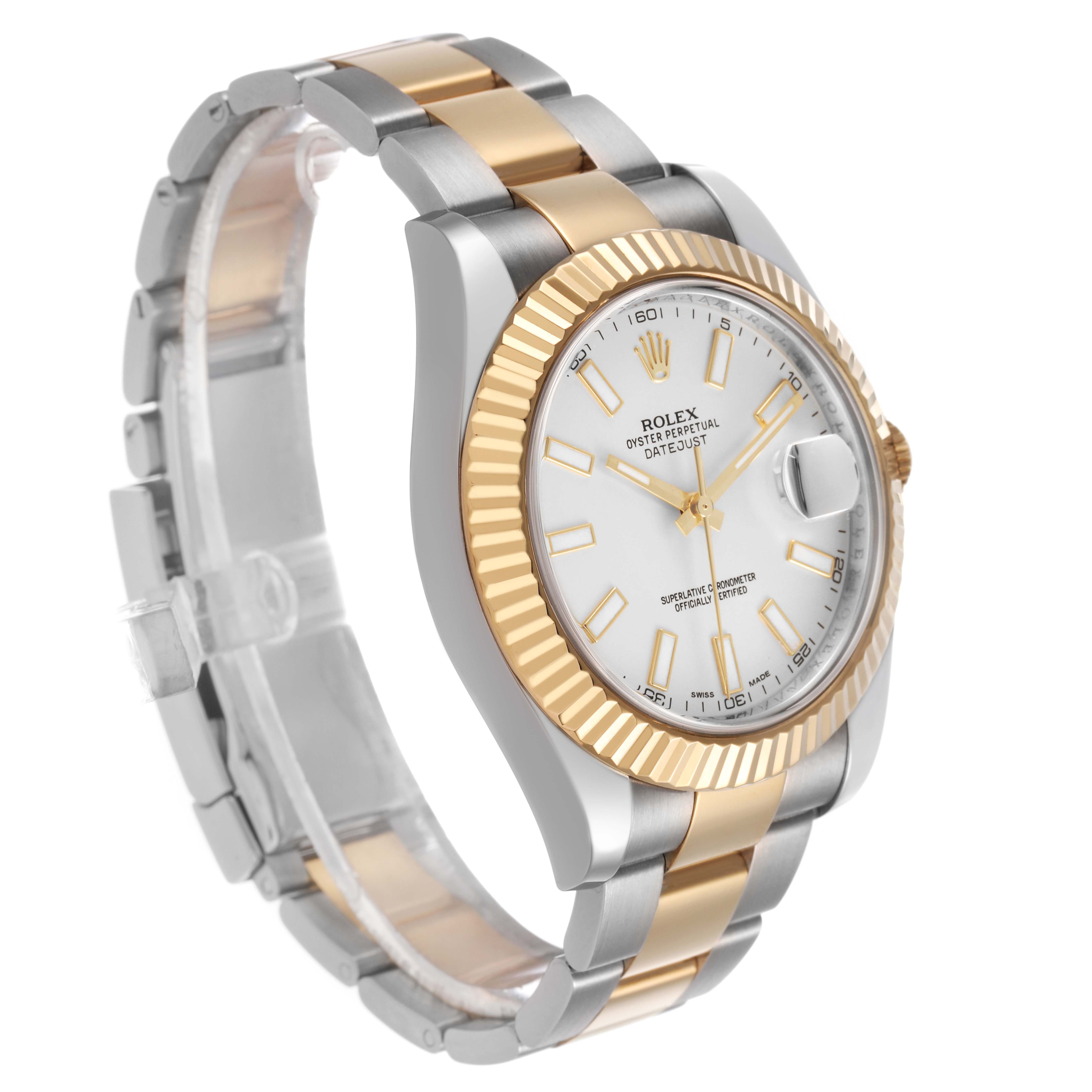 The Rolex Datejust 41 116333 Men's Steel and Gold (two tone) Silver Dial is shown at a three-quarter angle, displaying the dial, two-tone bracelet, and fluted bezel.