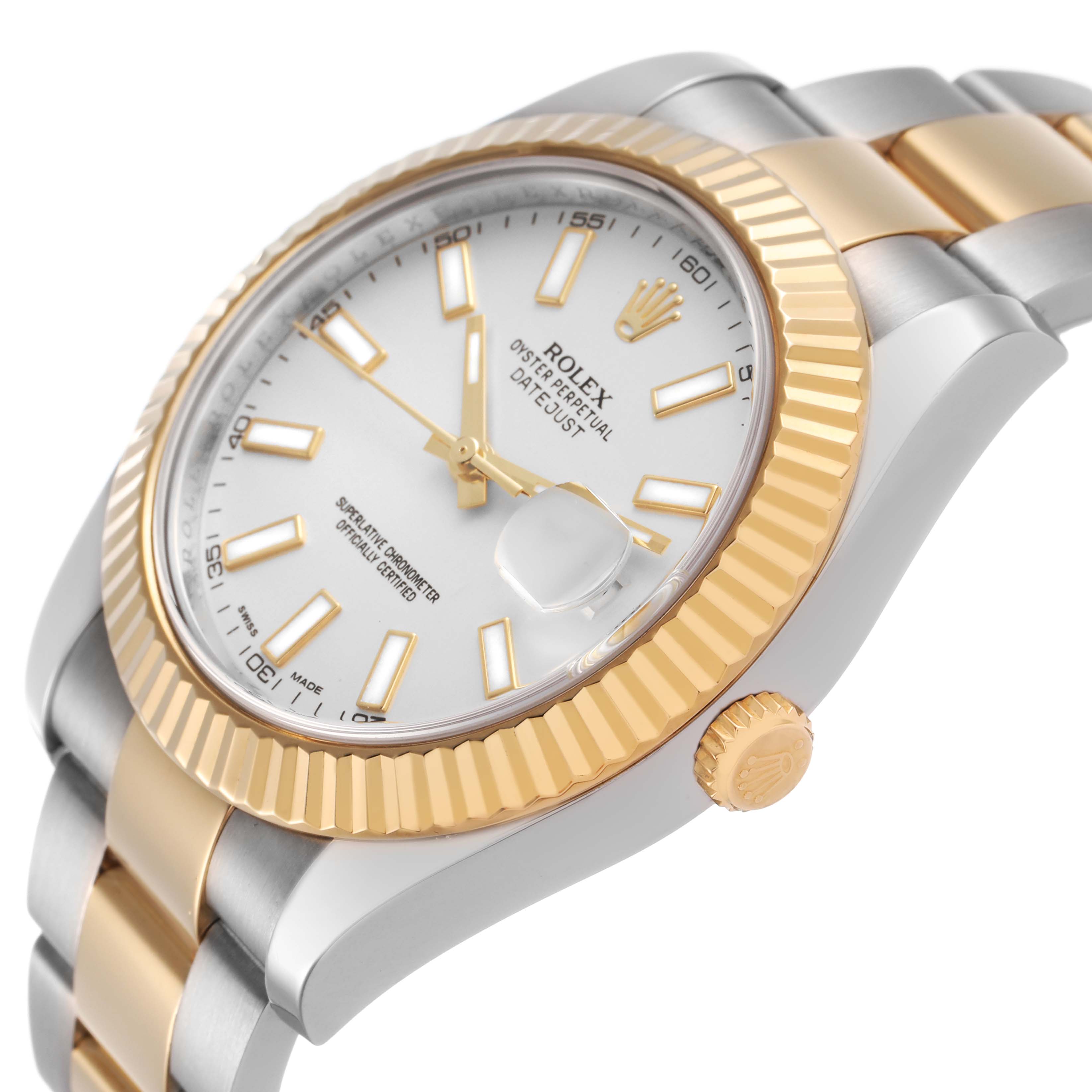 The Rolex Datejust 41 116333 Men's Steel and Gold (two tone) Silver Dial watch is shown at a side angle, highlighting its gold and steel bracelet, fluted bezel, and crown.