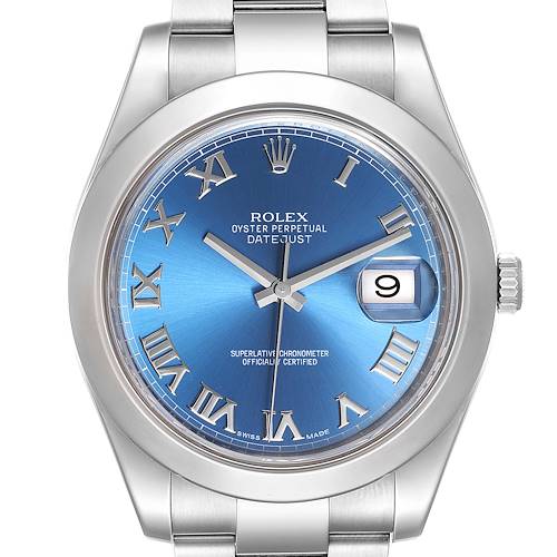 Photo of Rolex Datejust II Blue Roman Dial Steel Mens Watch 116300 Box Card