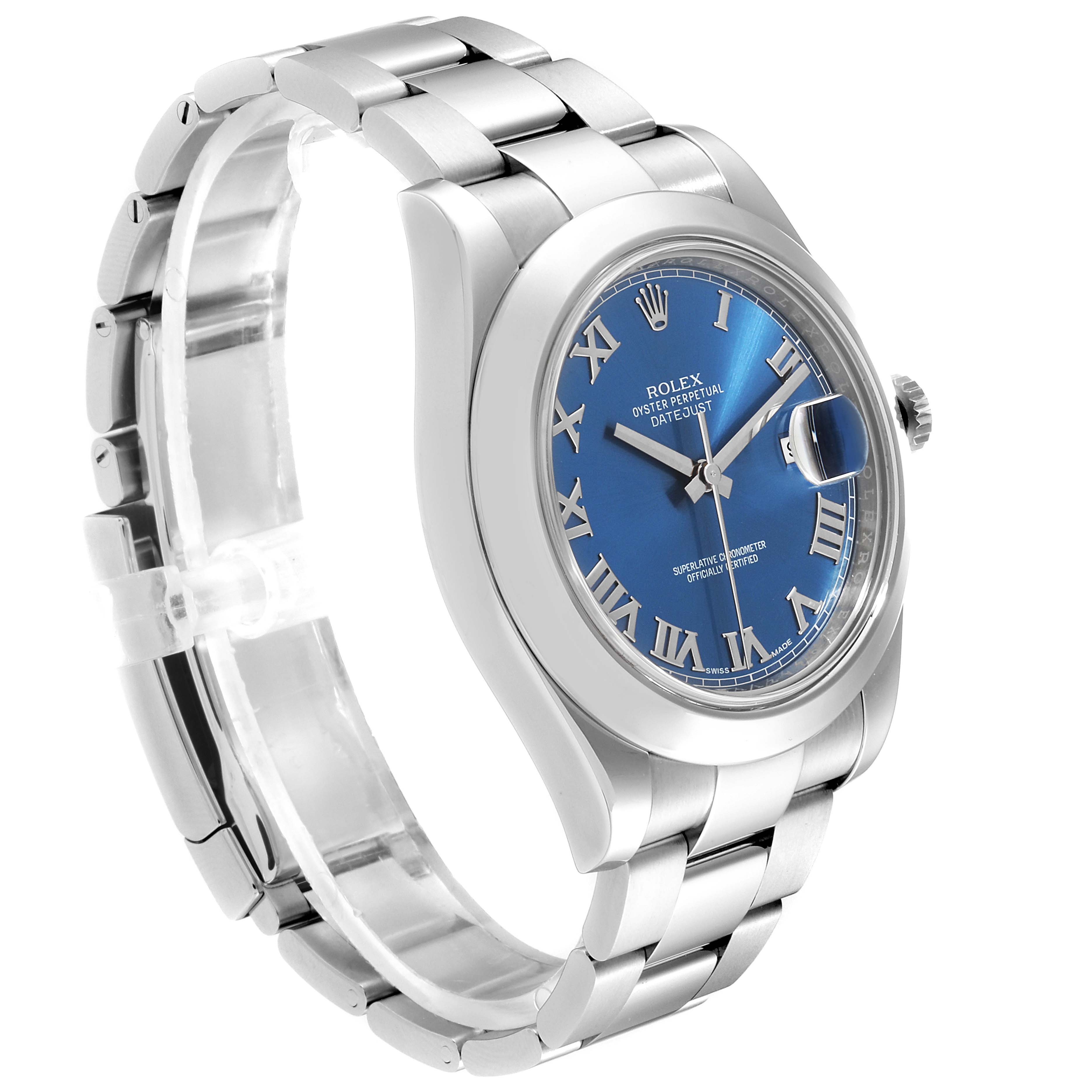 The image shows a Rolex Datejust 41 116300 Men's Stainless Steel Blue Dial 116300 Men's Stainless Steel Blue Dial watch angled to the left, highlighting the bracelet, bezel, and blue dial with Roman numerals.