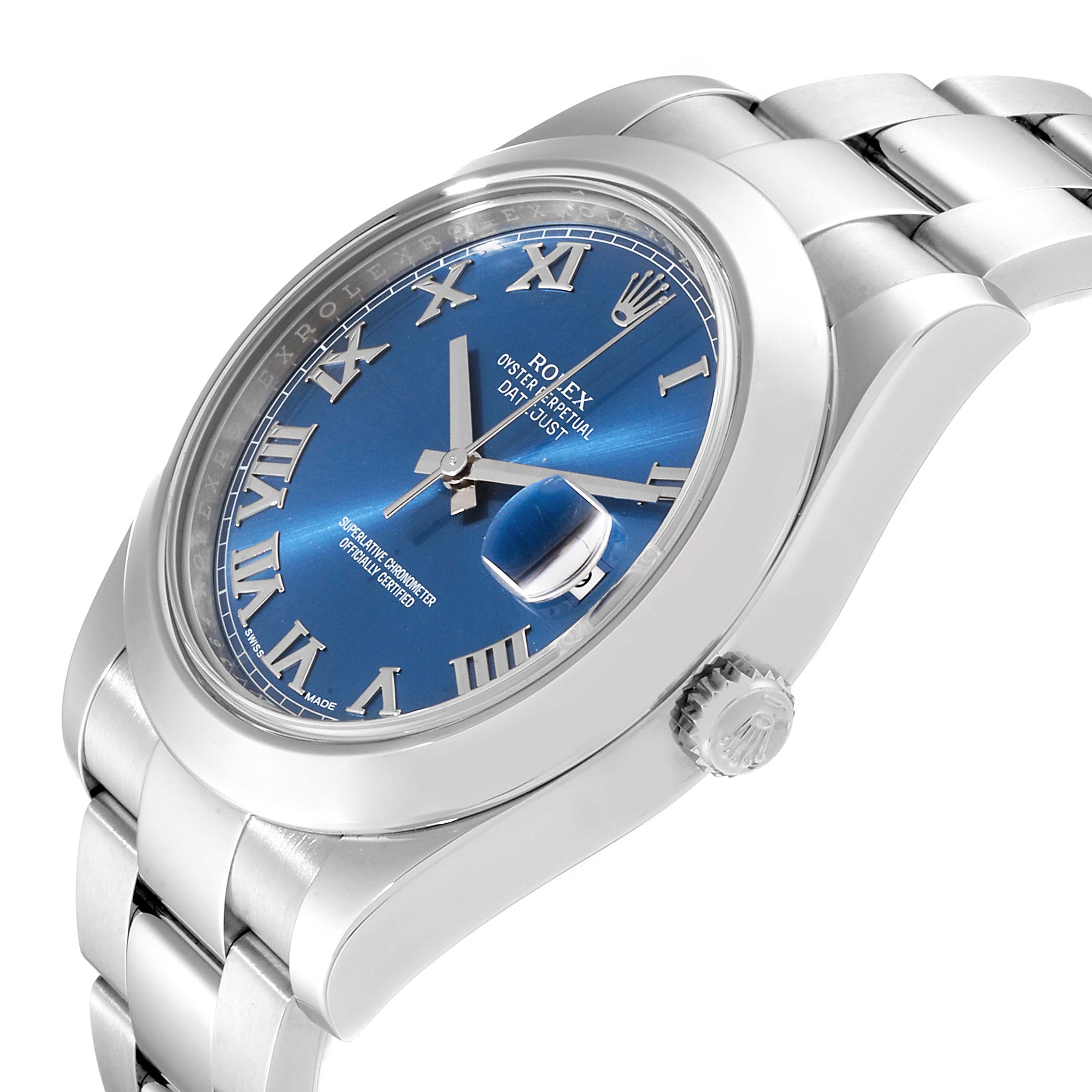 The Rolex Datejust 41 116300 Men's Stainless Steel Blue Dial 116300 Men's Stainless Steel Blue Dial watch is shown at an angled side view, displaying the crown, blue dial, and part of the bracelet.