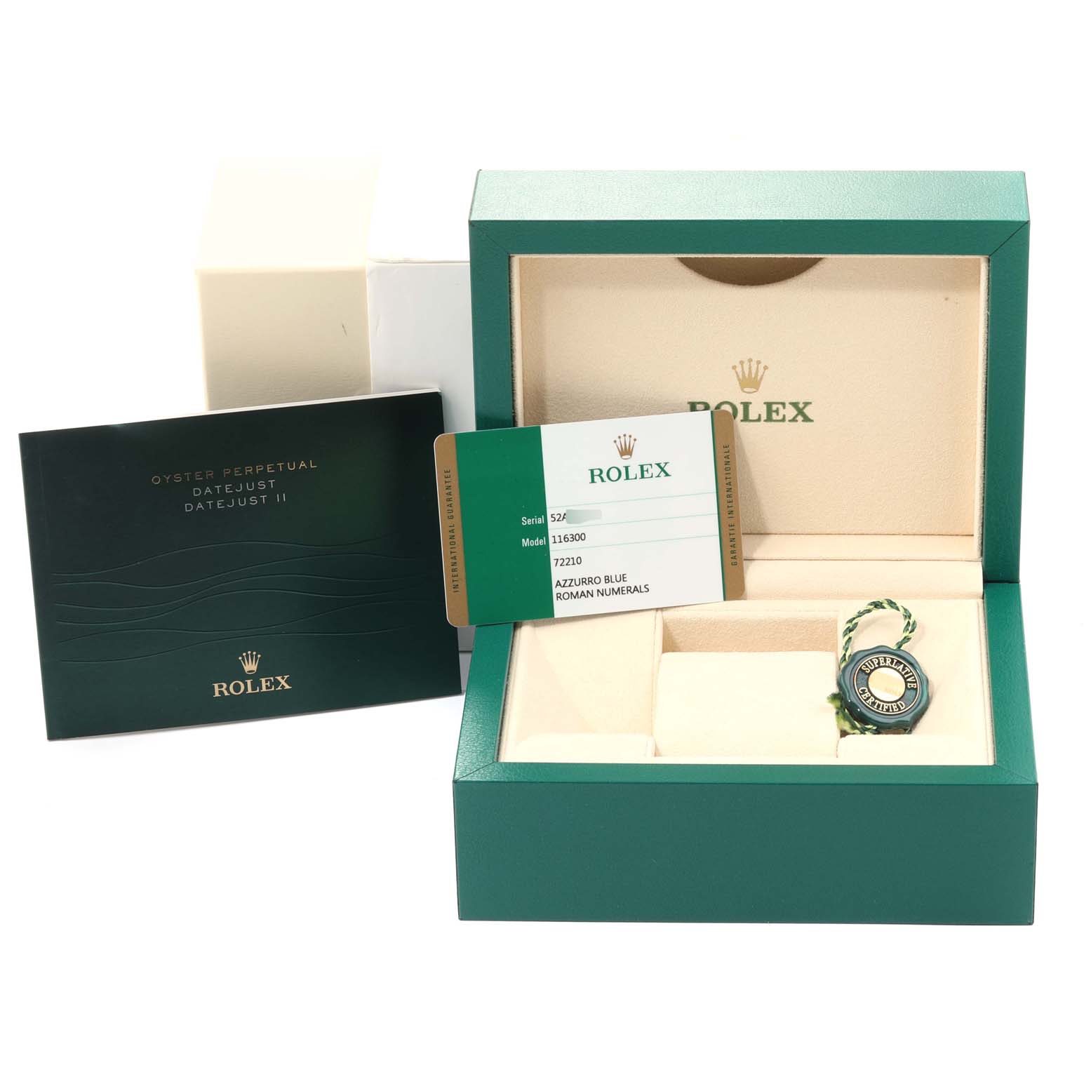 The image shows the packaging, warranty card, and tag for a Rolex Datejust 41 116300 Men's Stainless Steel Blue Dial 116300 Men's Stainless Steel Blue Dial model, viewed from above.