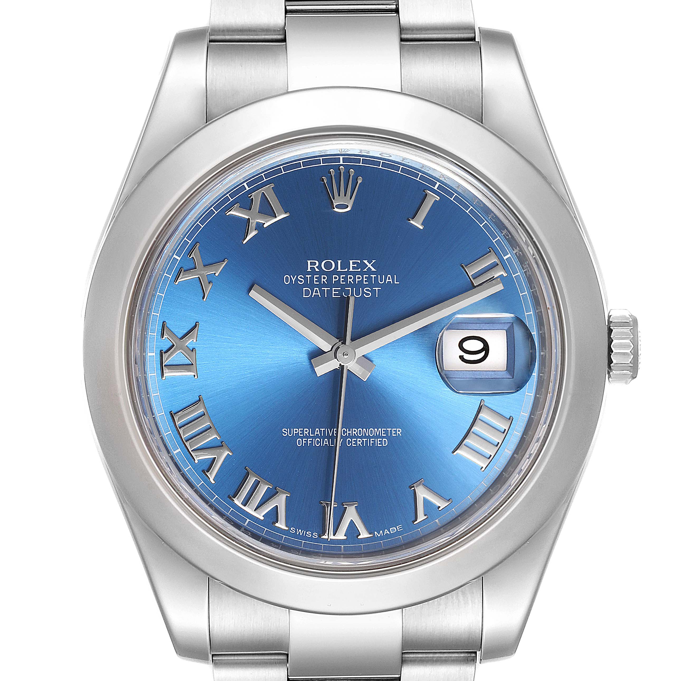 This image shows a face-on view of a Rolex Datejust 41 116300 Men's Stainless Steel Blue Dial 116300 Men's Stainless Steel Blue Dial watch with a blue dial and Roman numeral hour markers.