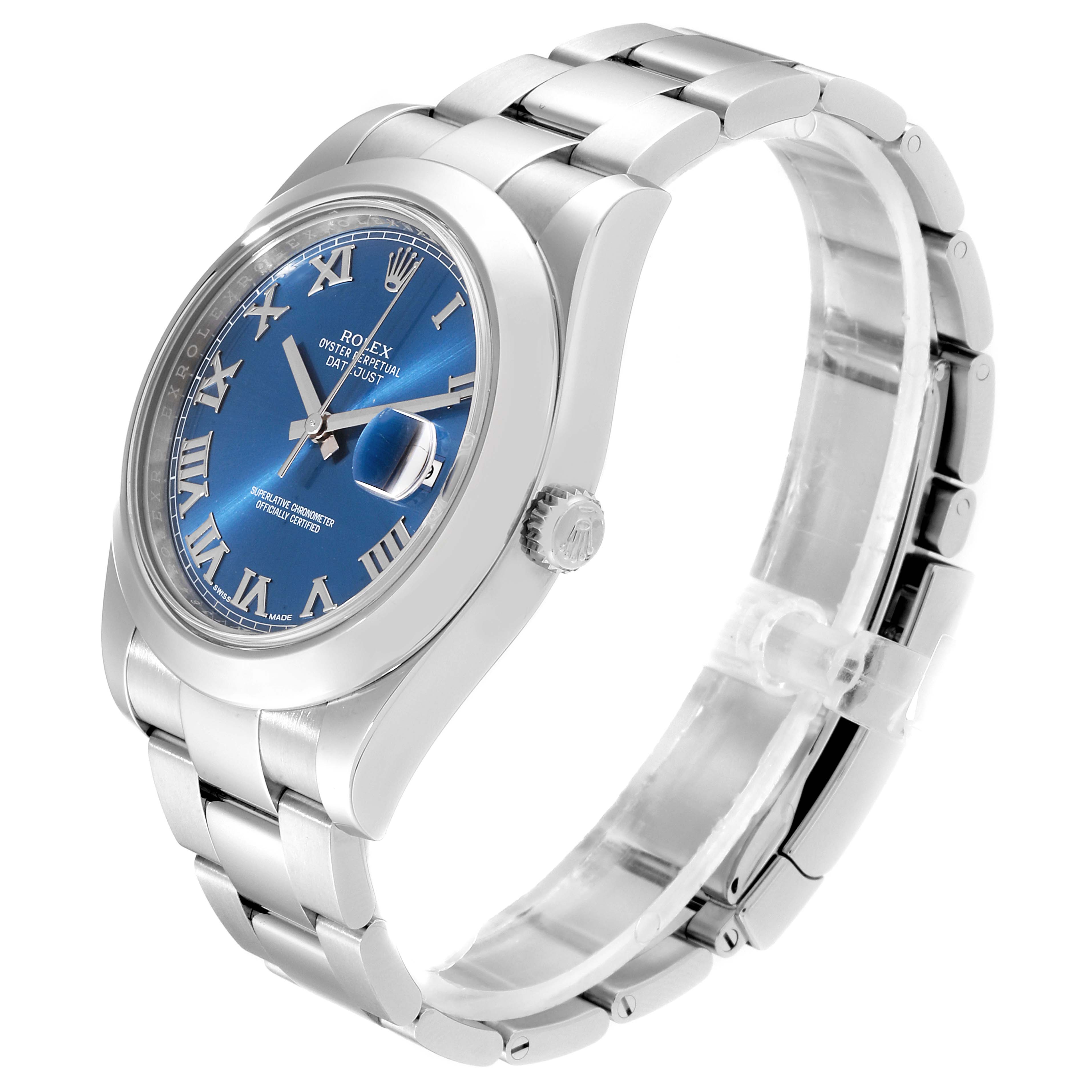 The image shows a side angle view of the Rolex Datejust 41 116300 Men's Stainless Steel Blue Dial 116300 Men's Stainless Steel Blue Dial watch with a blue dial and Roman numerals.