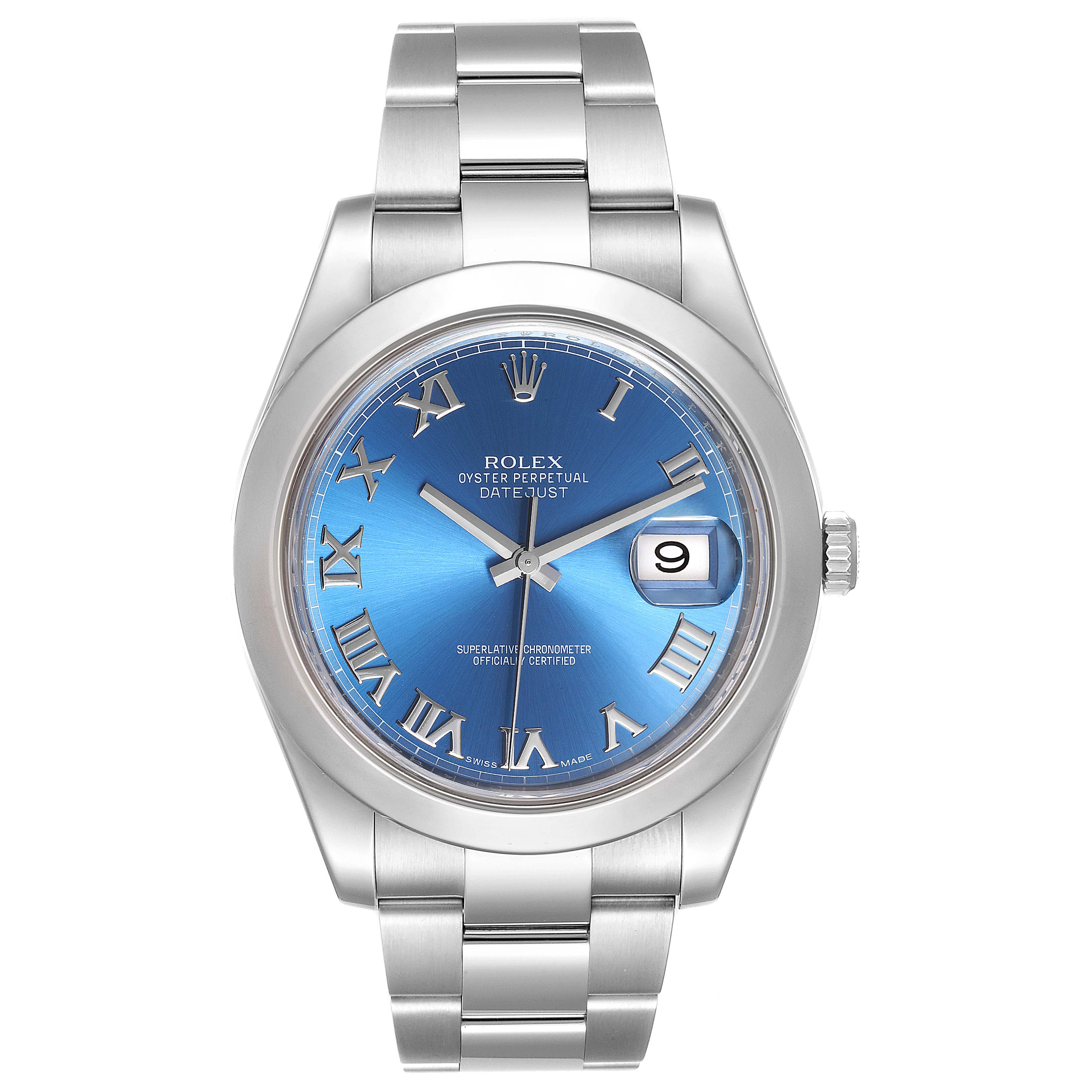 This Rolex Datejust 41 116300 Men's Stainless Steel Blue Dial 116300 Men's Stainless Steel Blue Dial watch is shown from the front, displaying its blue dial, case, bracelet, and date window.