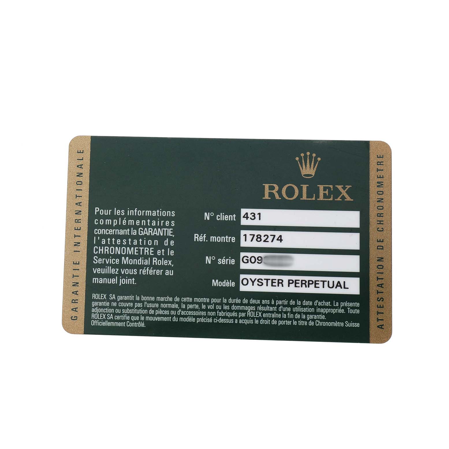 The image shows a Rolex warranty card for a Mid-Size Oyster Perpetual model, displaying client, reference, and serial numbers.