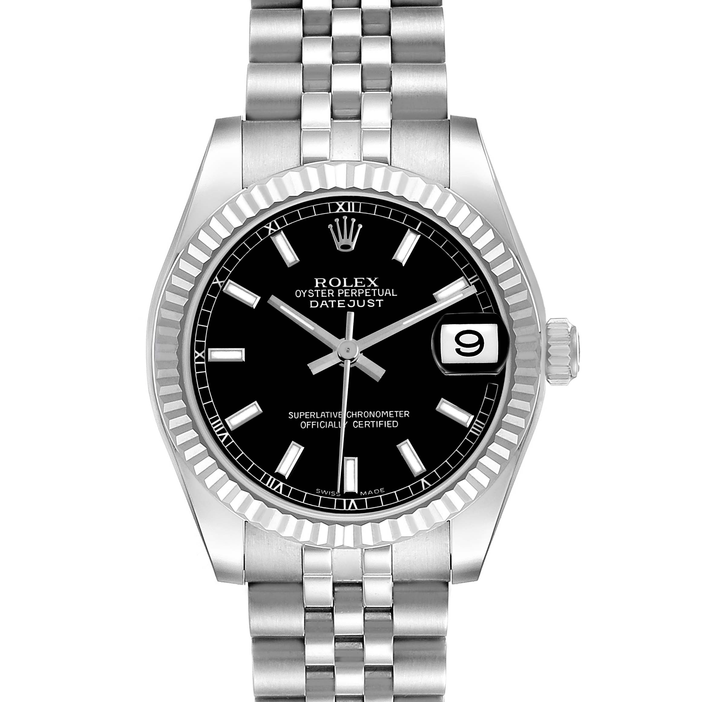 The Rolex Datejust Mid-Size watch is shown from a front angle, displaying the face, bezel, bracelet, and crown.