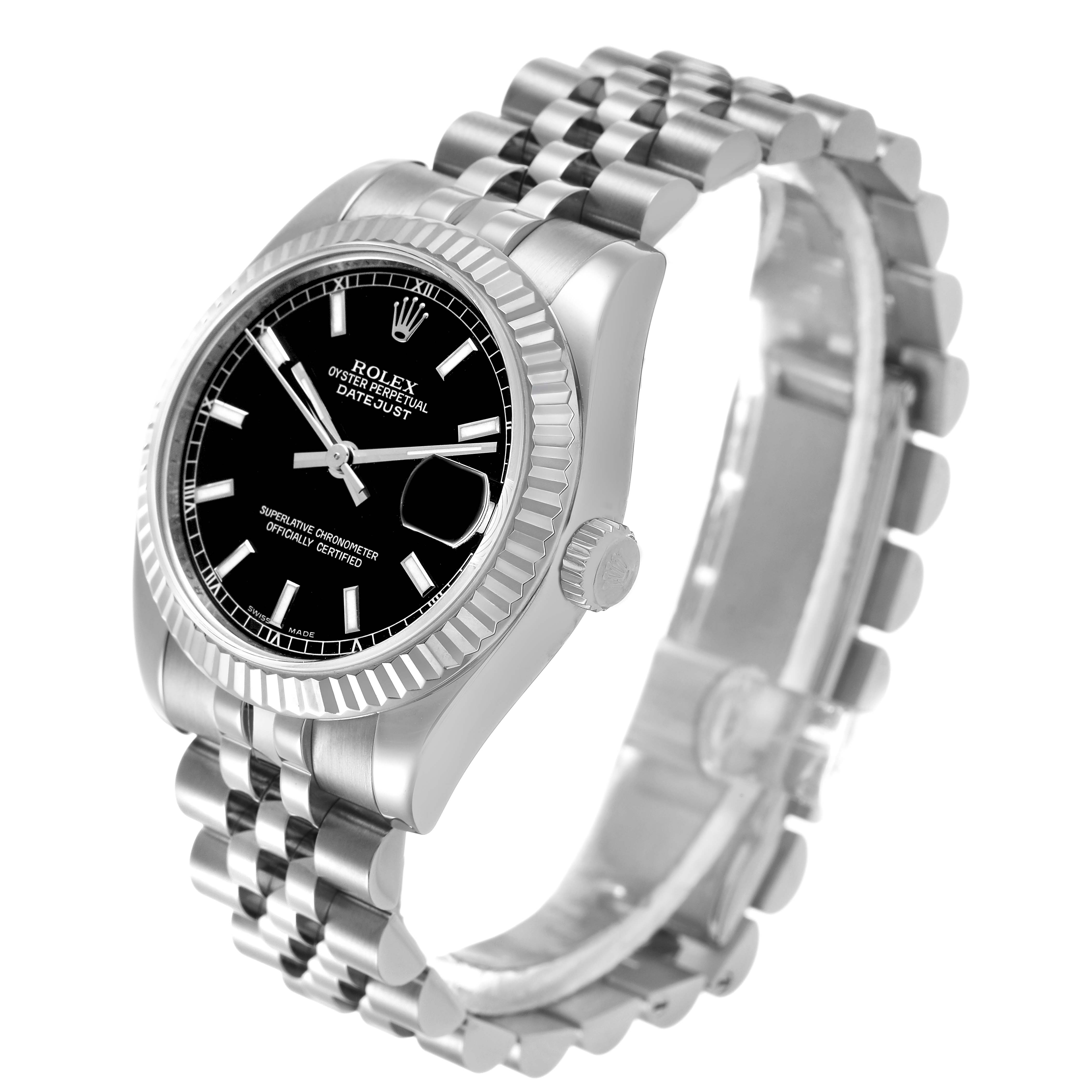 The Rolex Mid-Size 178274 Women's Stainless Steel Black Dial watch is shown at a side angle, highlighting the black dial, fluted bezel, crown, and jubilee bracelet.