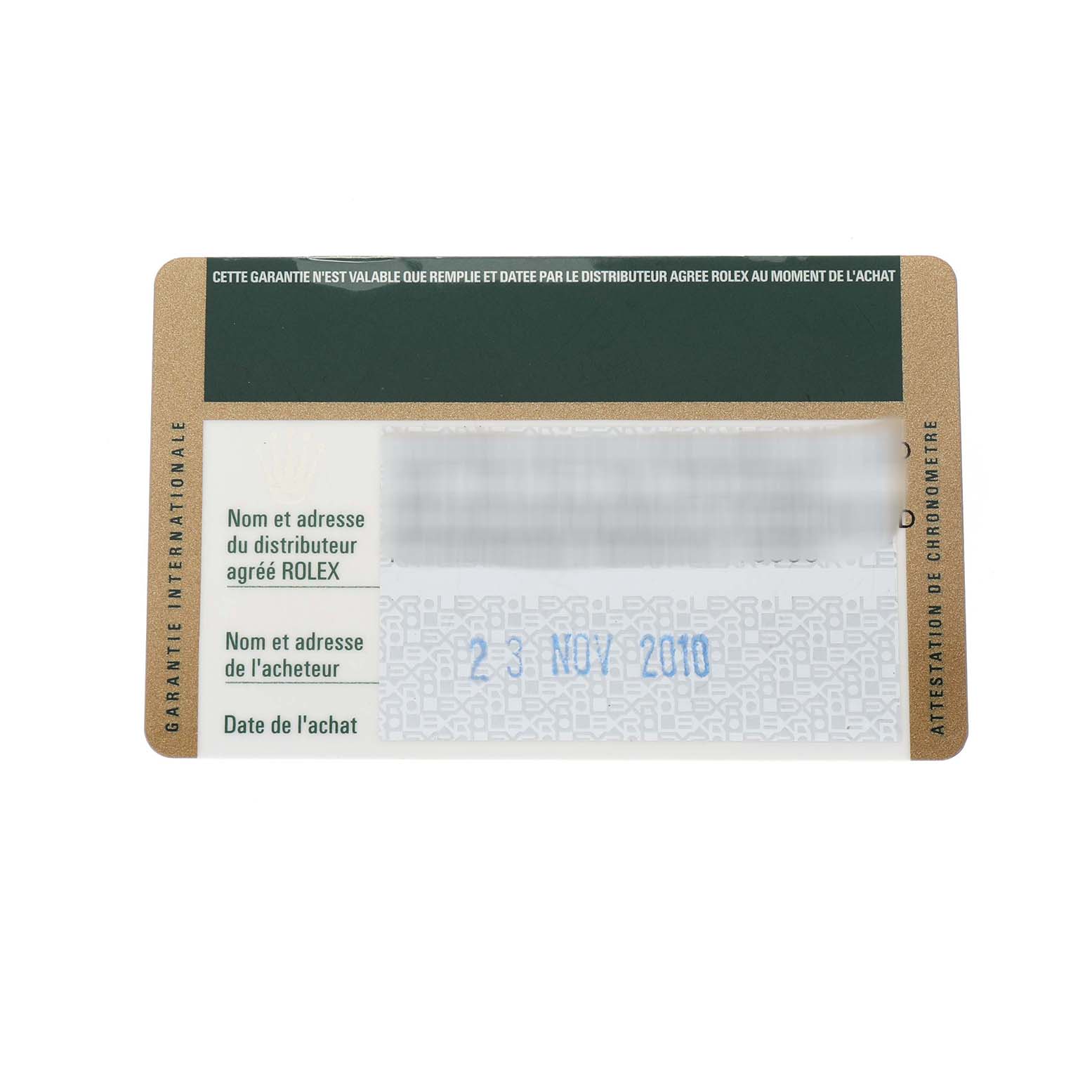 The image shows a Rolex warranty card for a Mid-Size model, displaying purchase details.