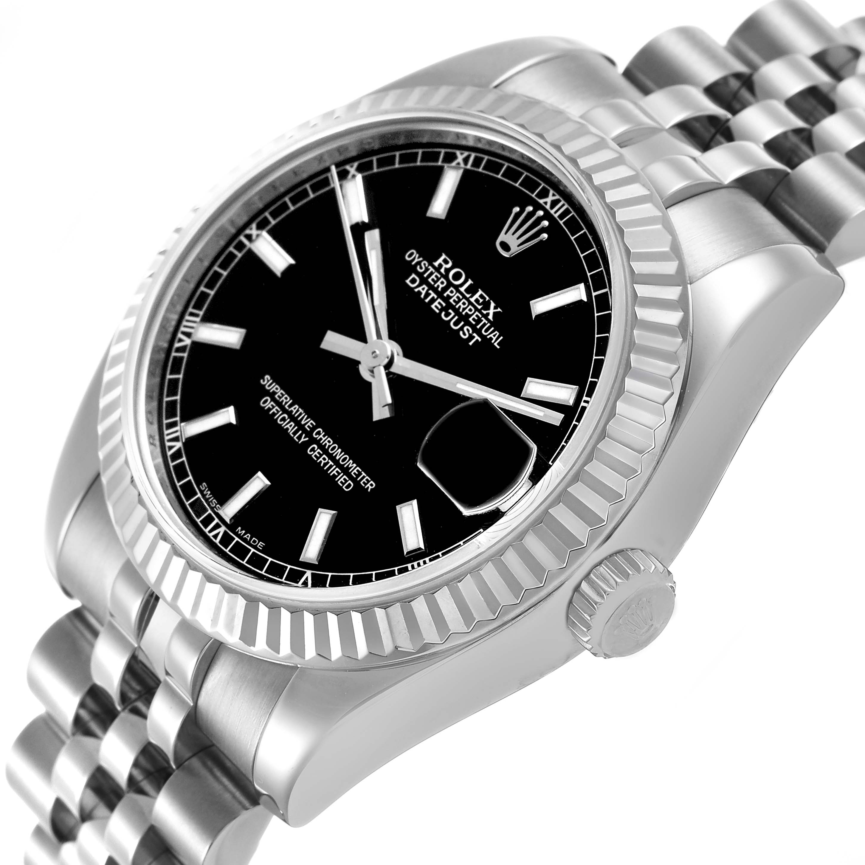 The Rolex Mid-Size 178274 Women's Stainless Steel Black Dial watch is shown at an angled view, highlighting the fluted bezel, black dial, and Jubilee bracelet.
