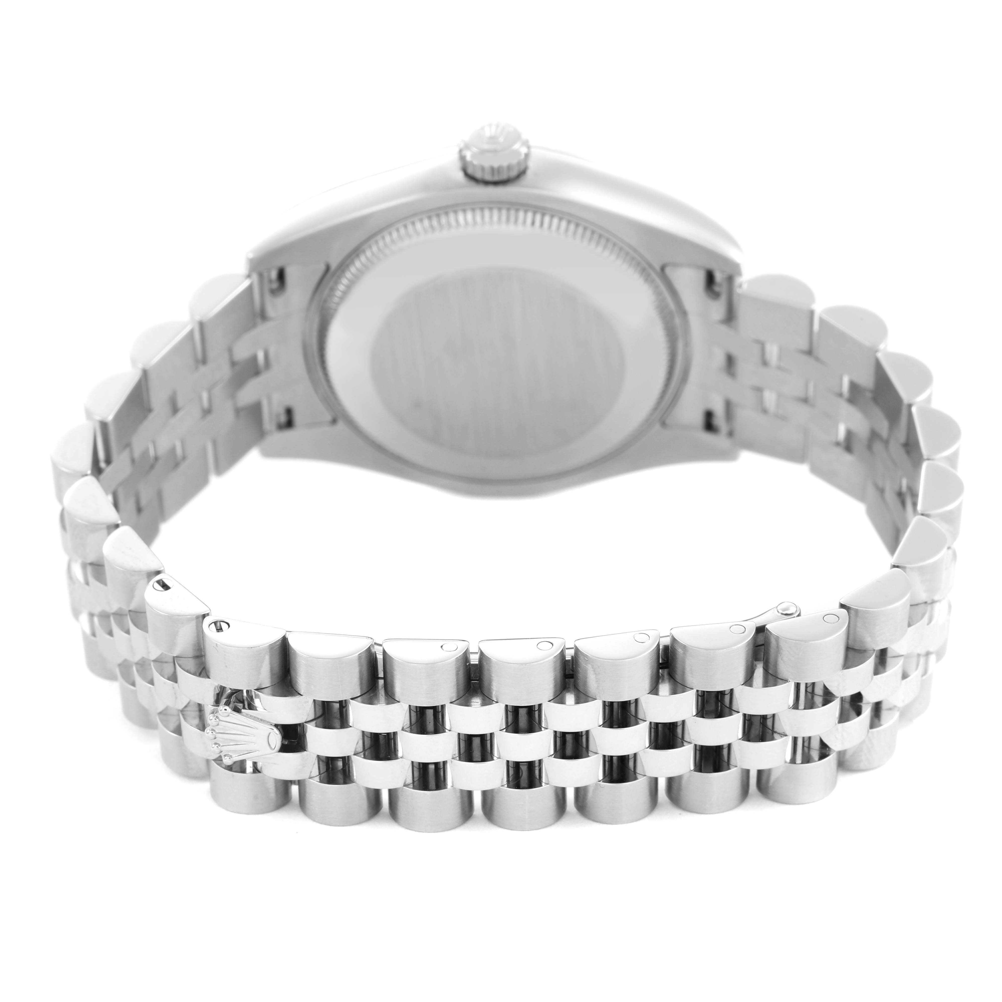 The image shows the back view of a Rolex Mid-Size 178274 Women's Stainless Steel Black Dial watch, highlighting the case back and Jubilee bracelet with the clasp visible.
