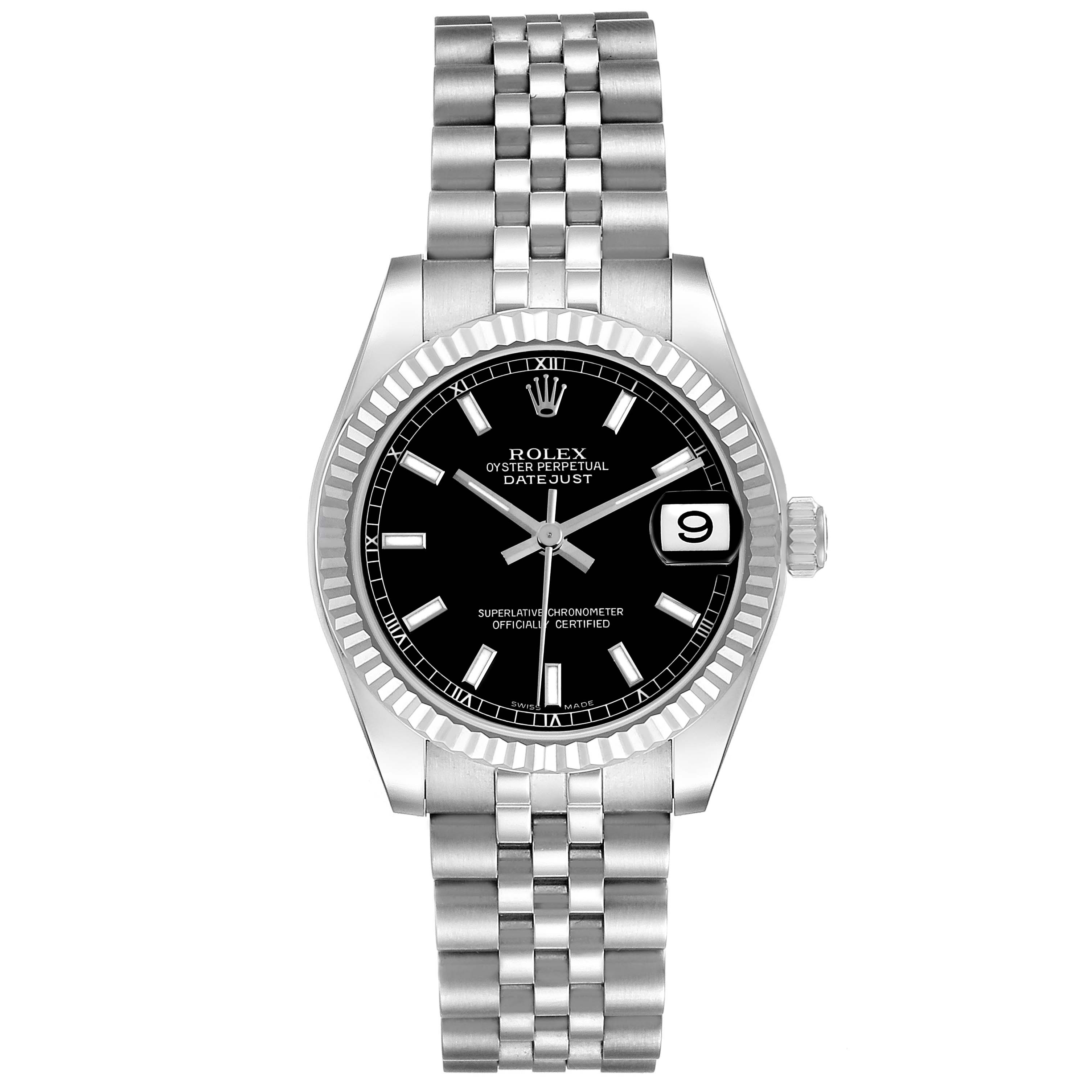 The Rolex Mid-Size 178274 Women's Stainless Steel Black Dial Datejust is shown from a front angle, displaying the entire face, bezel, and bracelet.
