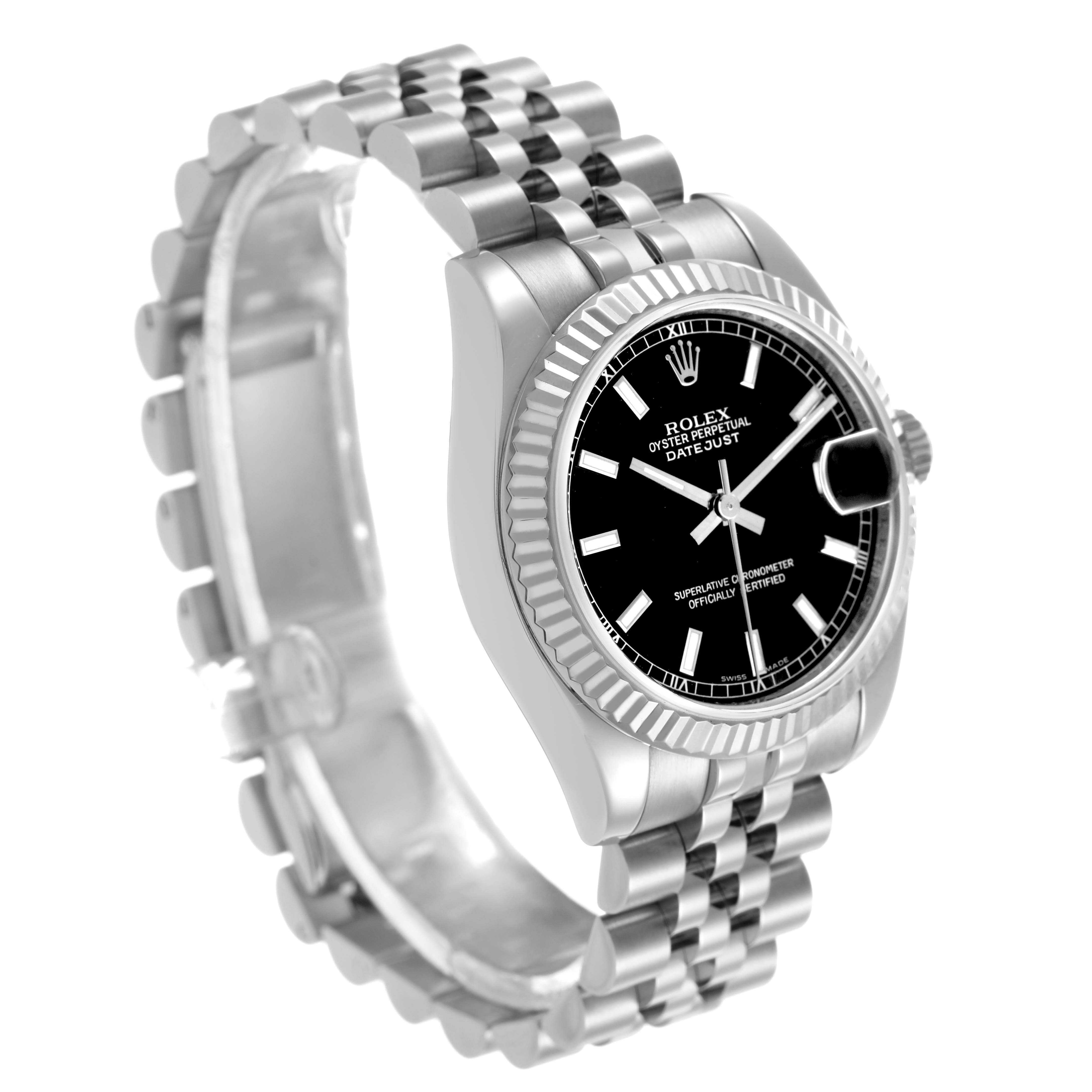 The Rolex Mid-Size 178274 Women's Stainless Steel Black Dial watch is shown from a front angle, highlighting the black dial, fluted bezel, and Jubilee bracelet.