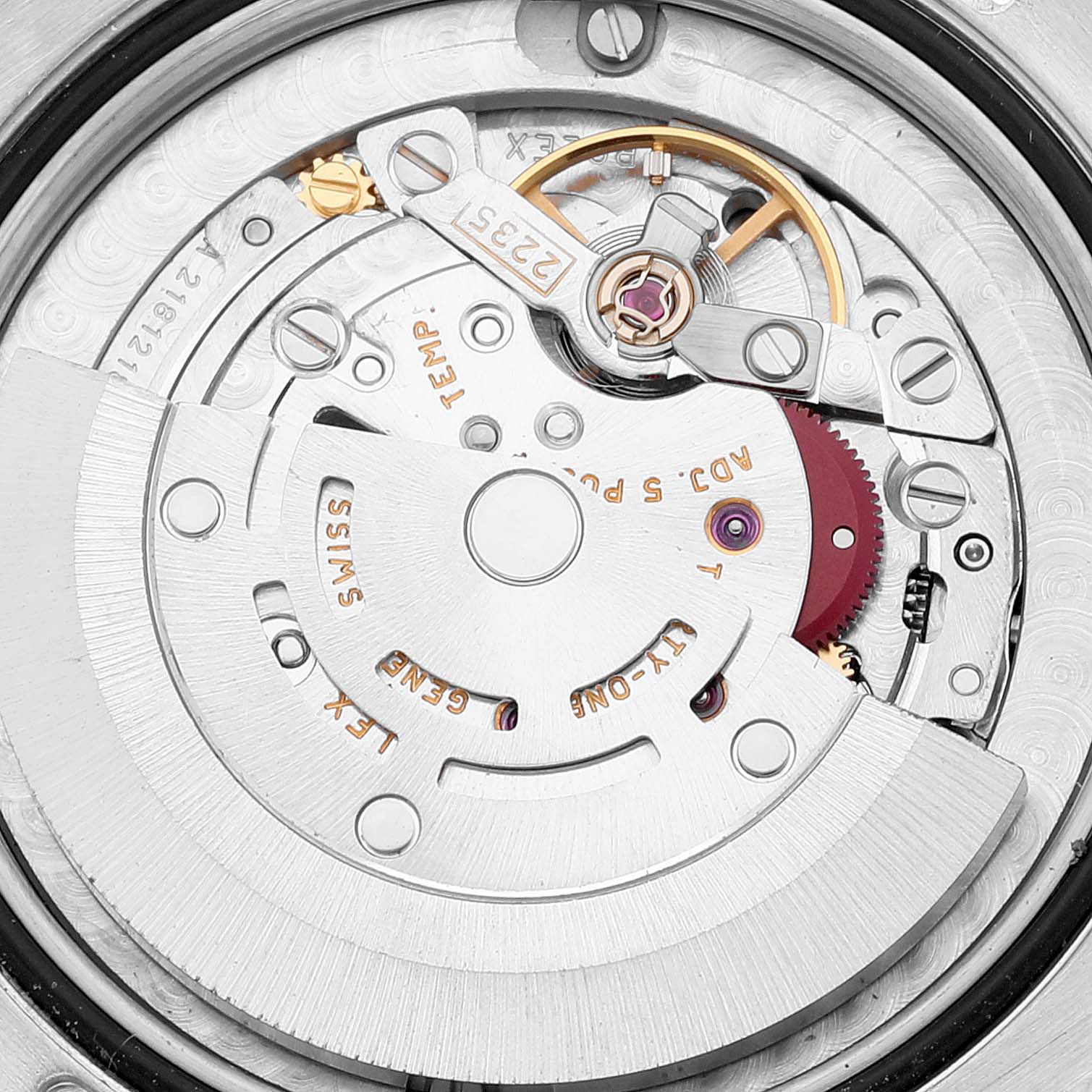 The image shows the internal movement mechanism of a Rolex Mid-Size 178273 Women
s Steel and Gold (two tone) Black Dial 178273 Women
s Steel and Gold (two tone) Black Dial model watch, viewed from the back.