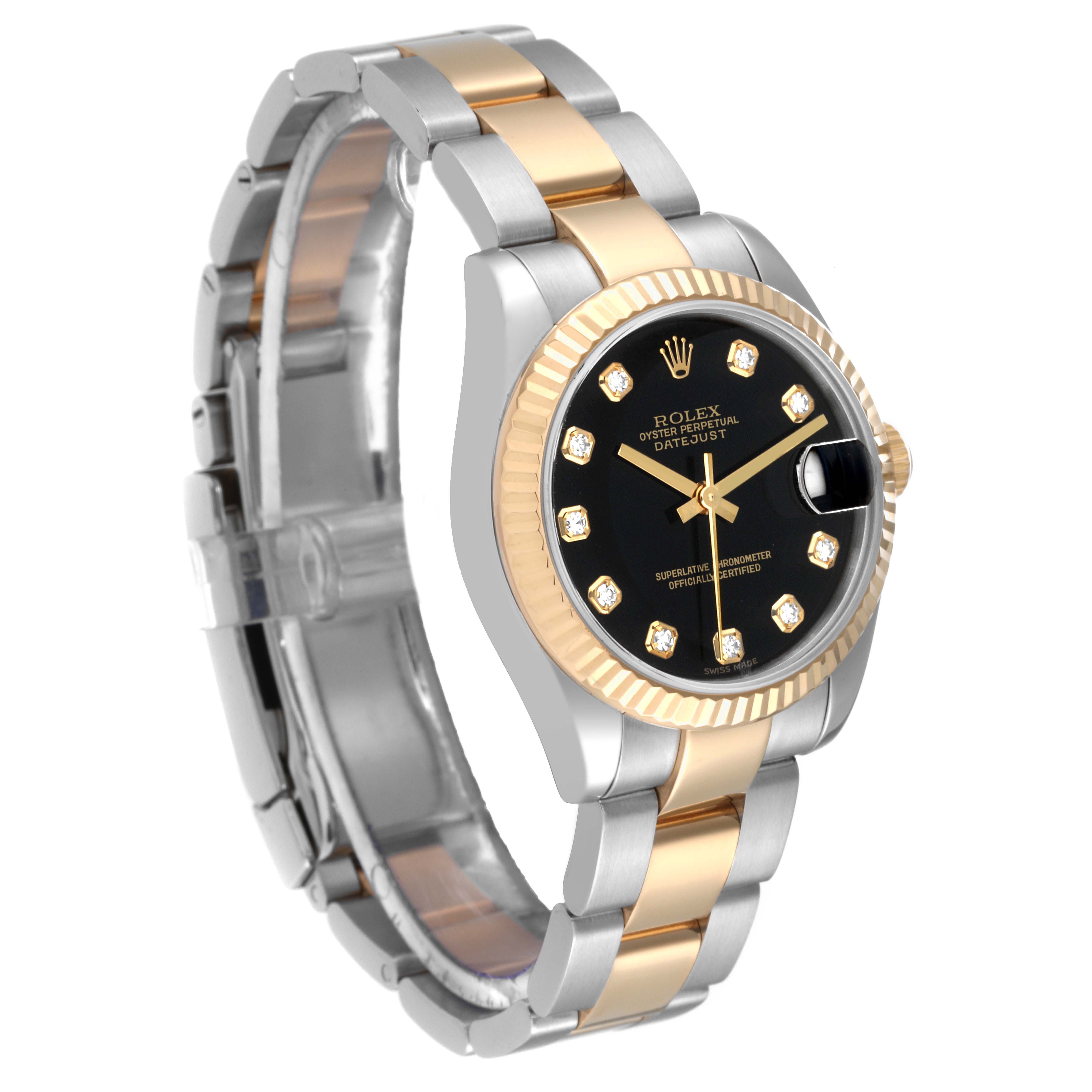 The Rolex Mid-Size 178273 Women
s Steel and Gold (two tone) Black Dial 178273 Women
s Steel and Gold (two tone) Black Dial model is shown from a three-quarter front angle, highlighting the black dial, diamond hour markers, and two-tone bracelet.