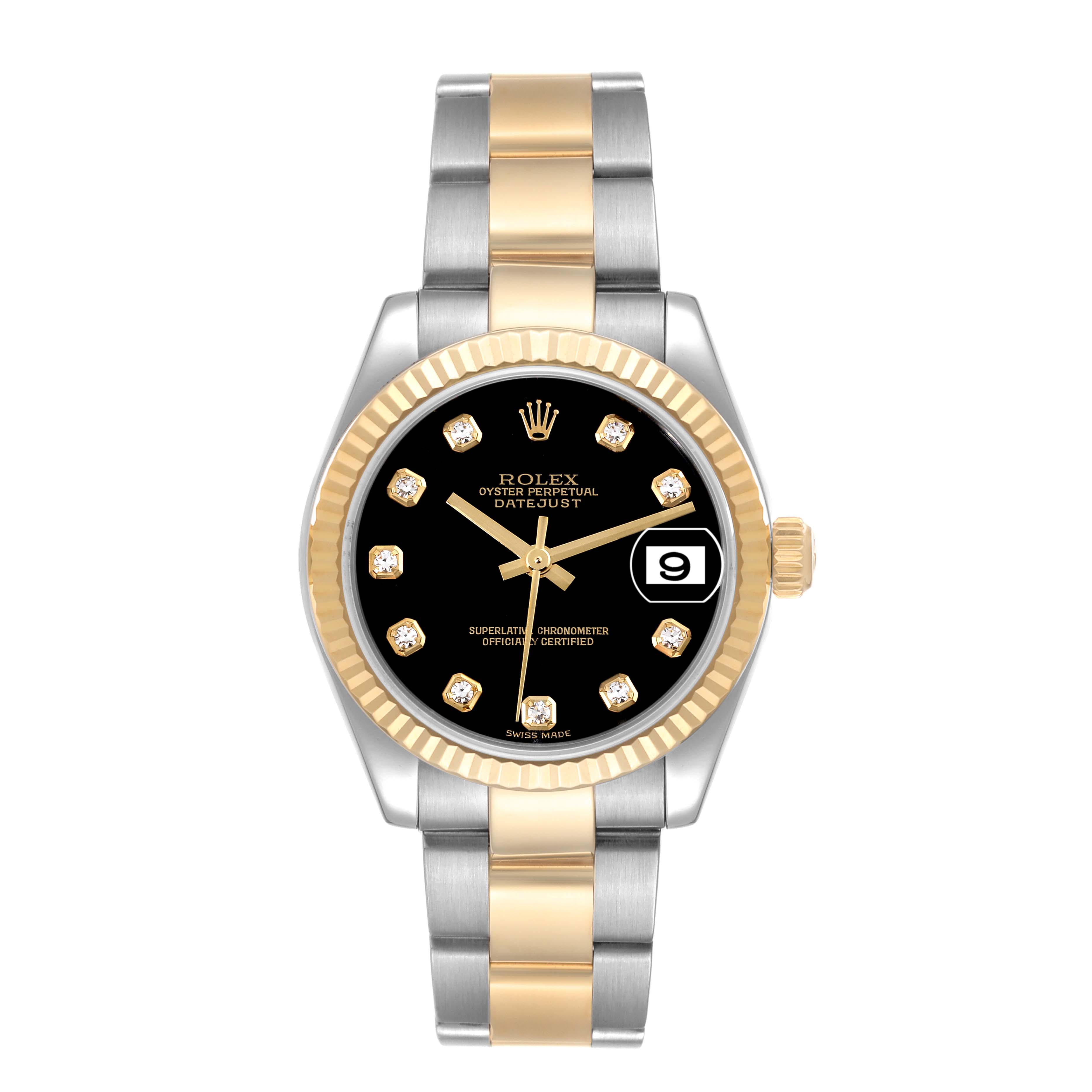The image shows a front angle of a Rolex Datejust Mid-Size watch with a two-tone metal band and a black dial.