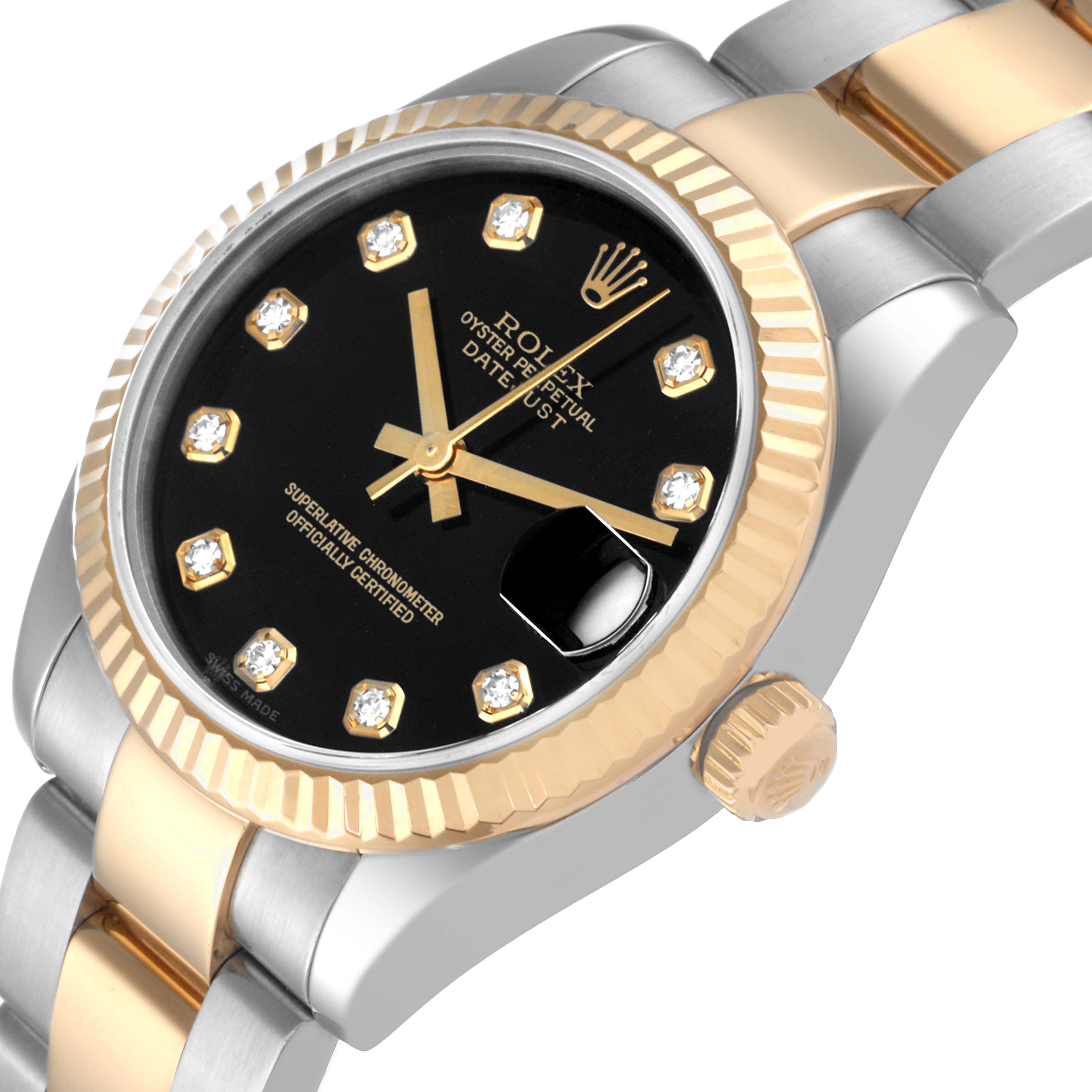This image shows a close-up of the Rolex Datejust Mid-Size model, highlighting the black dial, fluted bezel, crown, and part of the bracelet.