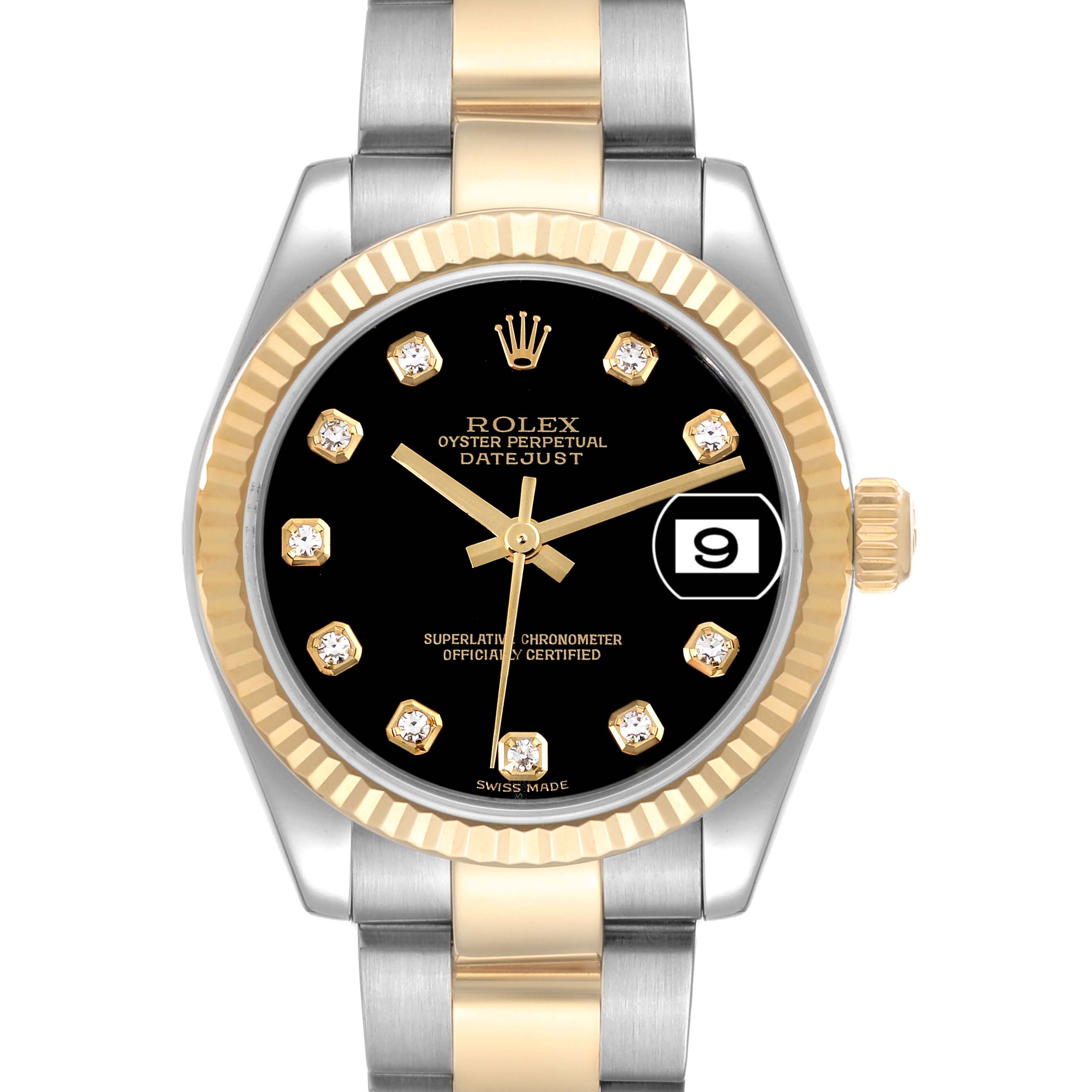 The image shows a front view of a Rolex Datejust Mid-Size watch, featuring a black dial, gold bezel, and two-tone bracelet.
