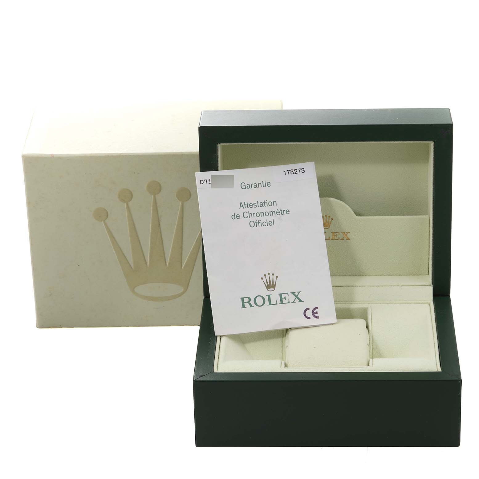 The image shows a Rolex Mid-Size 178273 Women
s Steel and Gold (two tone) Black Dial 178273 Women
s Steel and Gold (two tone) Black Dial model watch box with certification papers, viewed from the front.