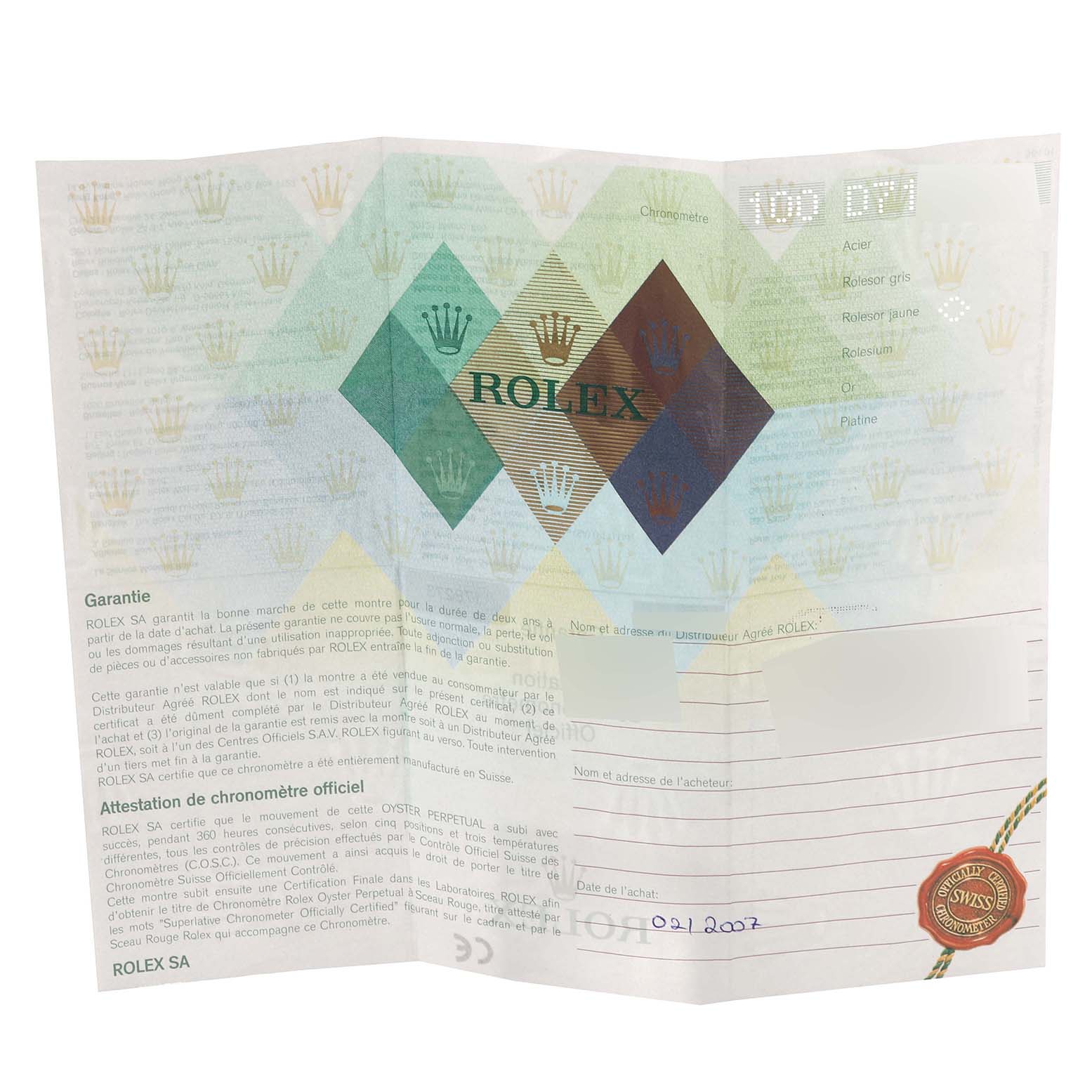 The image shows a warranty certificate for a Mid-Size Rolex watch, including branding and purchase details.