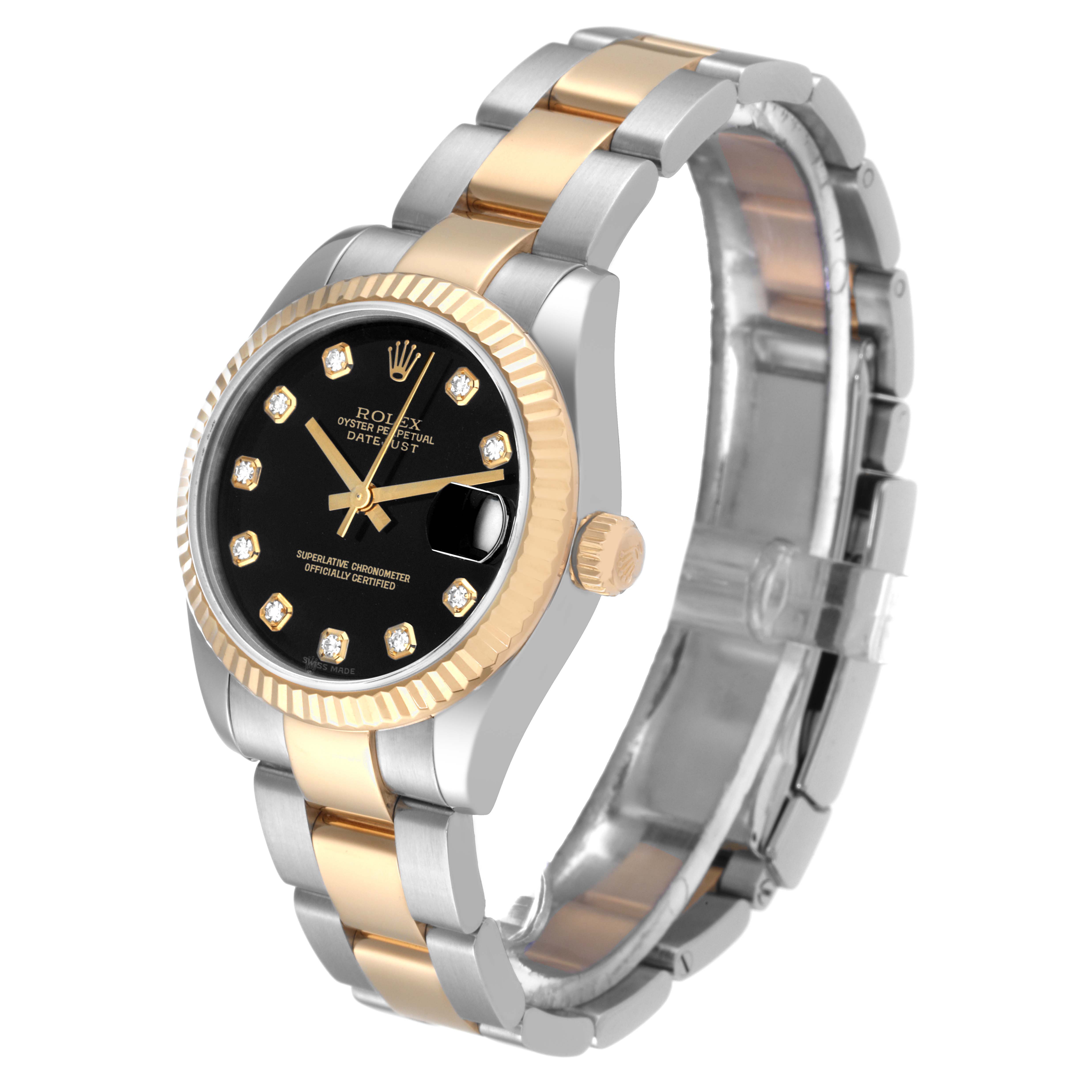 The image shows a Rolex Mid-Size 178273 Women
s Steel and Gold (two tone) Black Dial 178273 Women
s Steel and Gold (two tone) Black Dial model watch from a slightly angled front-left view, displaying the face, bezel, crown, and bracelet.