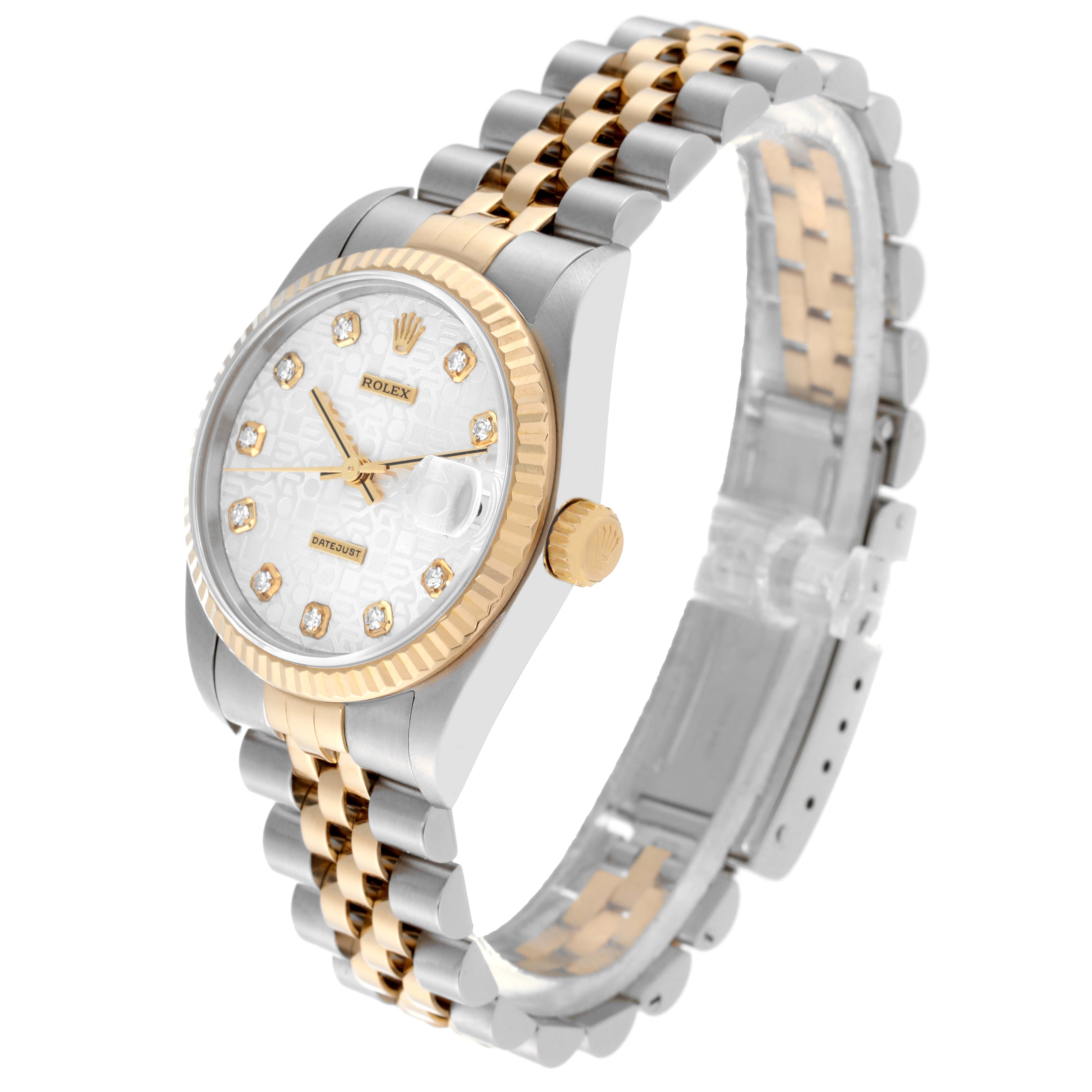 This image shows a Mid-Size Rolex watch at a three-quarter angle, highlighting its dial, bezel, crown, and two-tone bracelet.