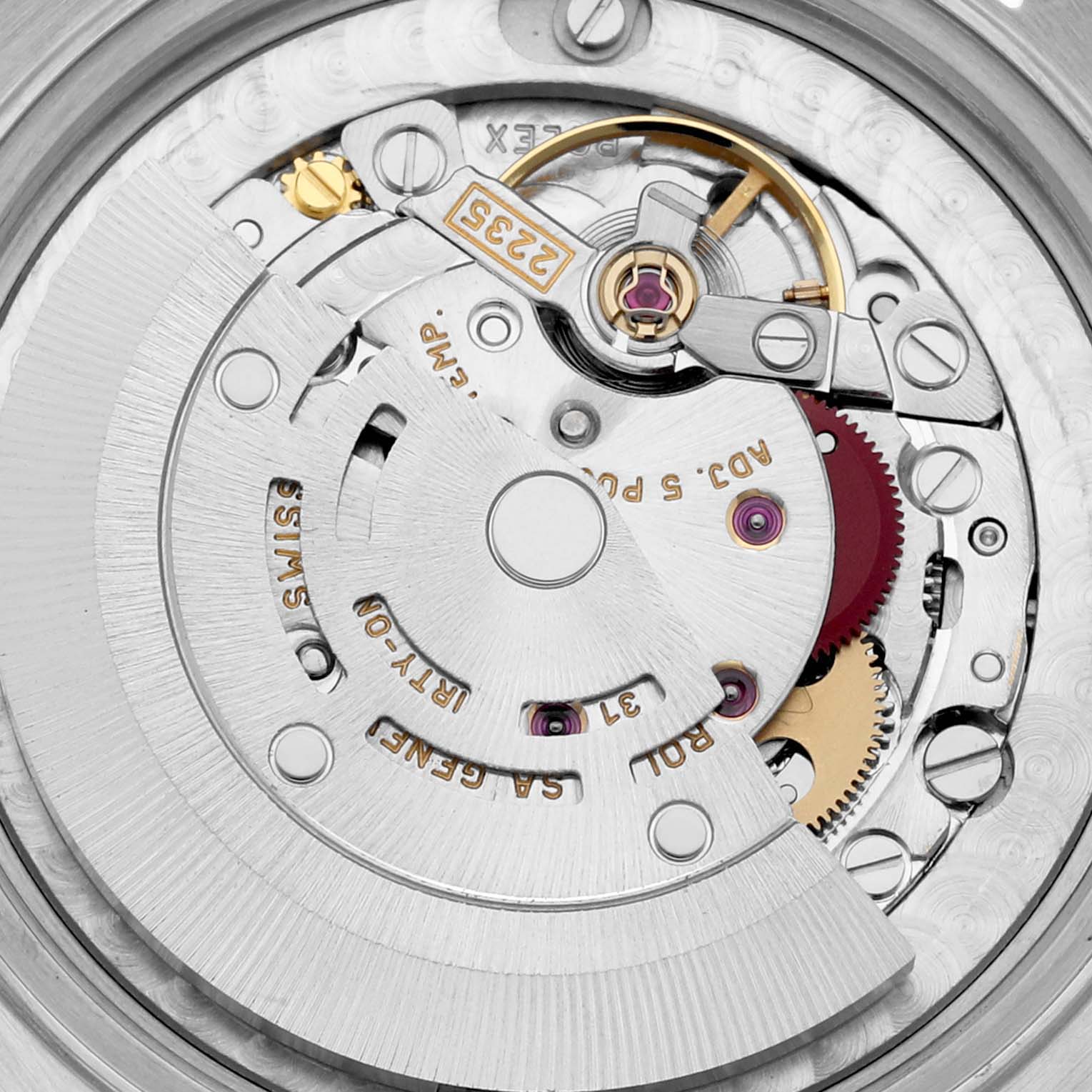 This image shows a close-up view of the internal mechanism of a Rolex Mid-Size 78273 Women's Steel and Gold (two tone) Silver Dial 78273 Women's Steel and Gold (two tone) Silver Dial model watch.