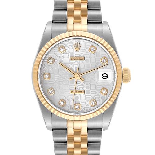 Front view of the Rolex Mid-Size model, showing the dial, date window, bezel, and two-tone bracelet.