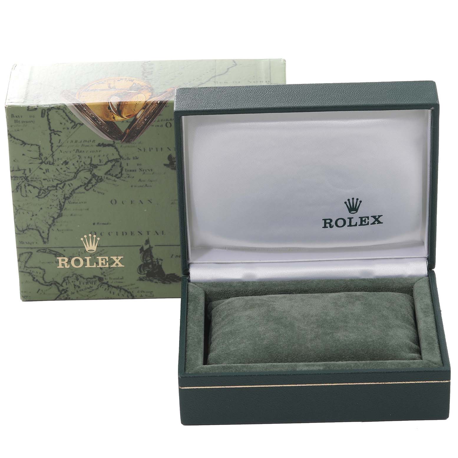 This image shows an open Rolex box for the Mid-Size model, containing Rolex branding and a cushion for the watch.
