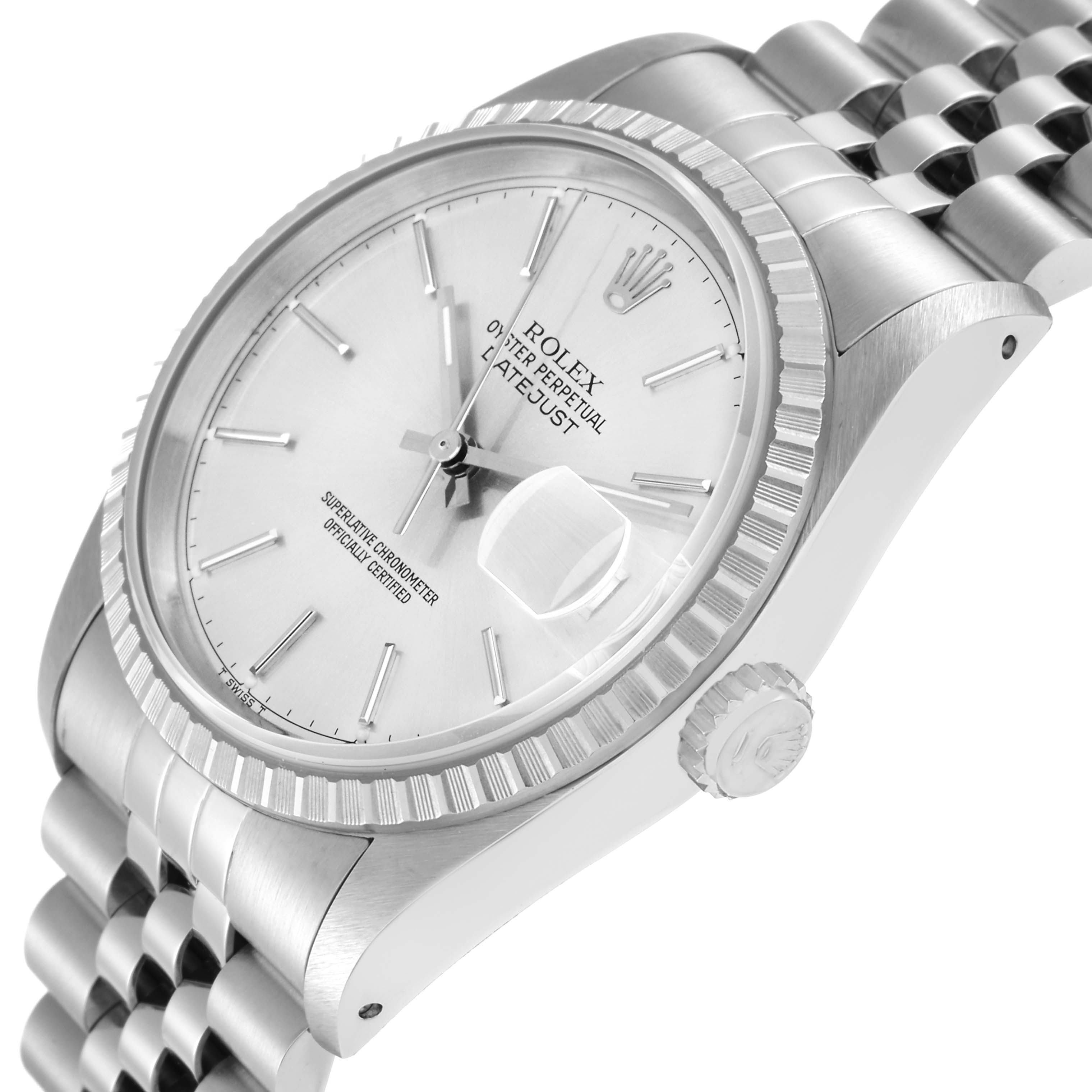 The image shows a Rolex Datejust model 16220 from a side angle, highlighting the dial, fluted bezel, crown, and part of the bracelet.