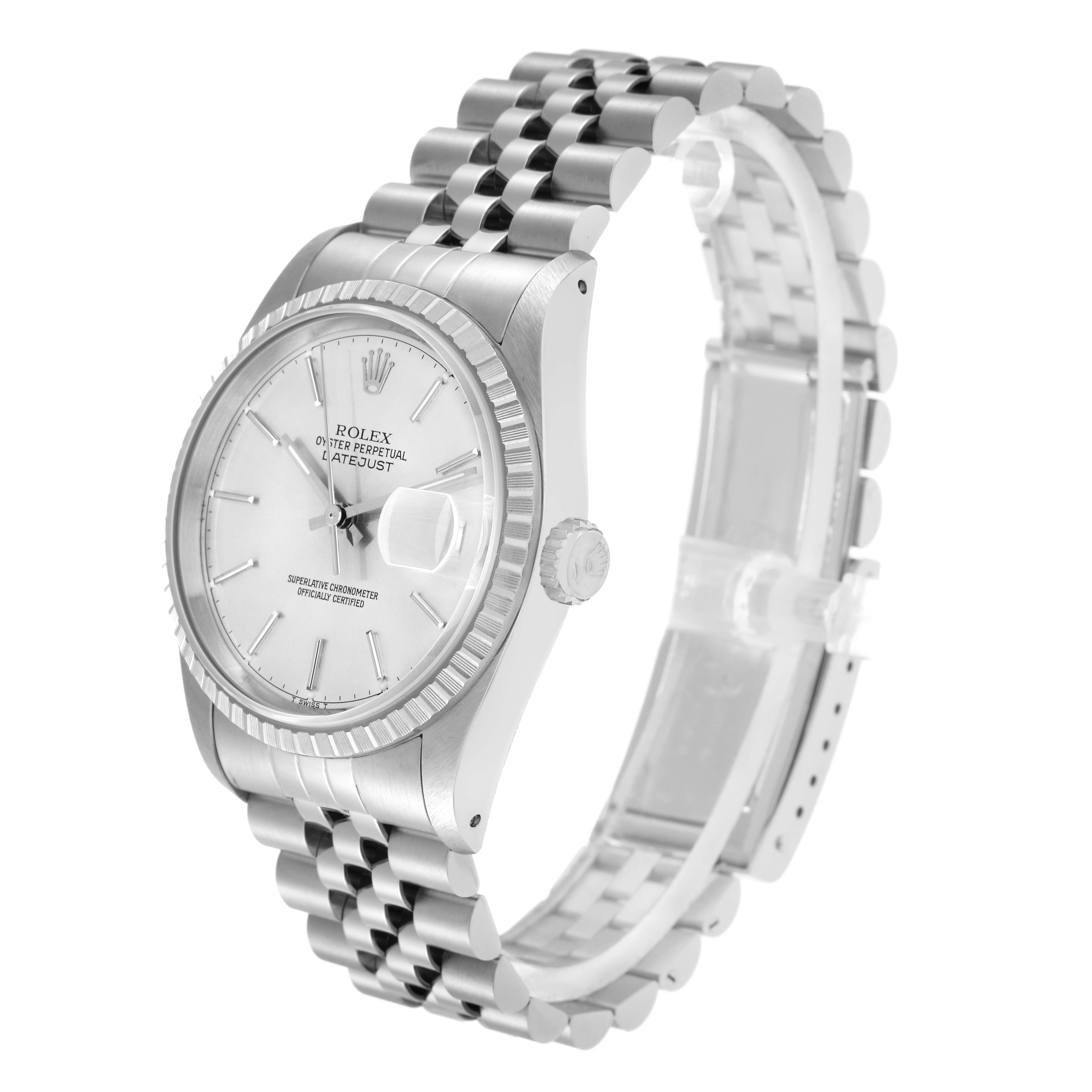 The image shows a Rolex Datejust model 16220 men
s watch at a side angle, highlighting the face, crown, bezel, and part of the bracelet.