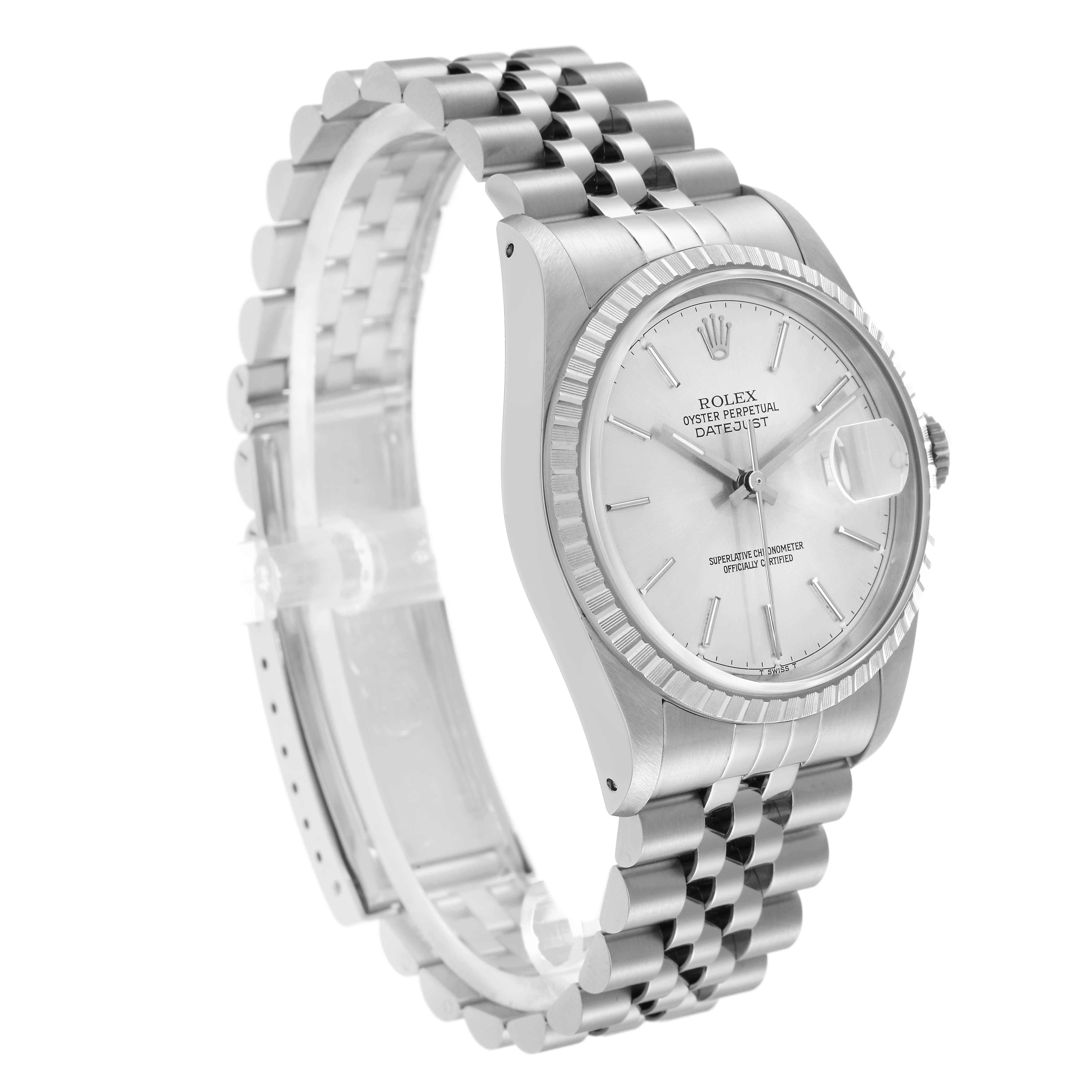 The Rolex Datejust model 16220 men
s watch is shown at an angled side view, displaying the case, dial, fluted bezel, Jubilee bracelet, and Cyclops lens.