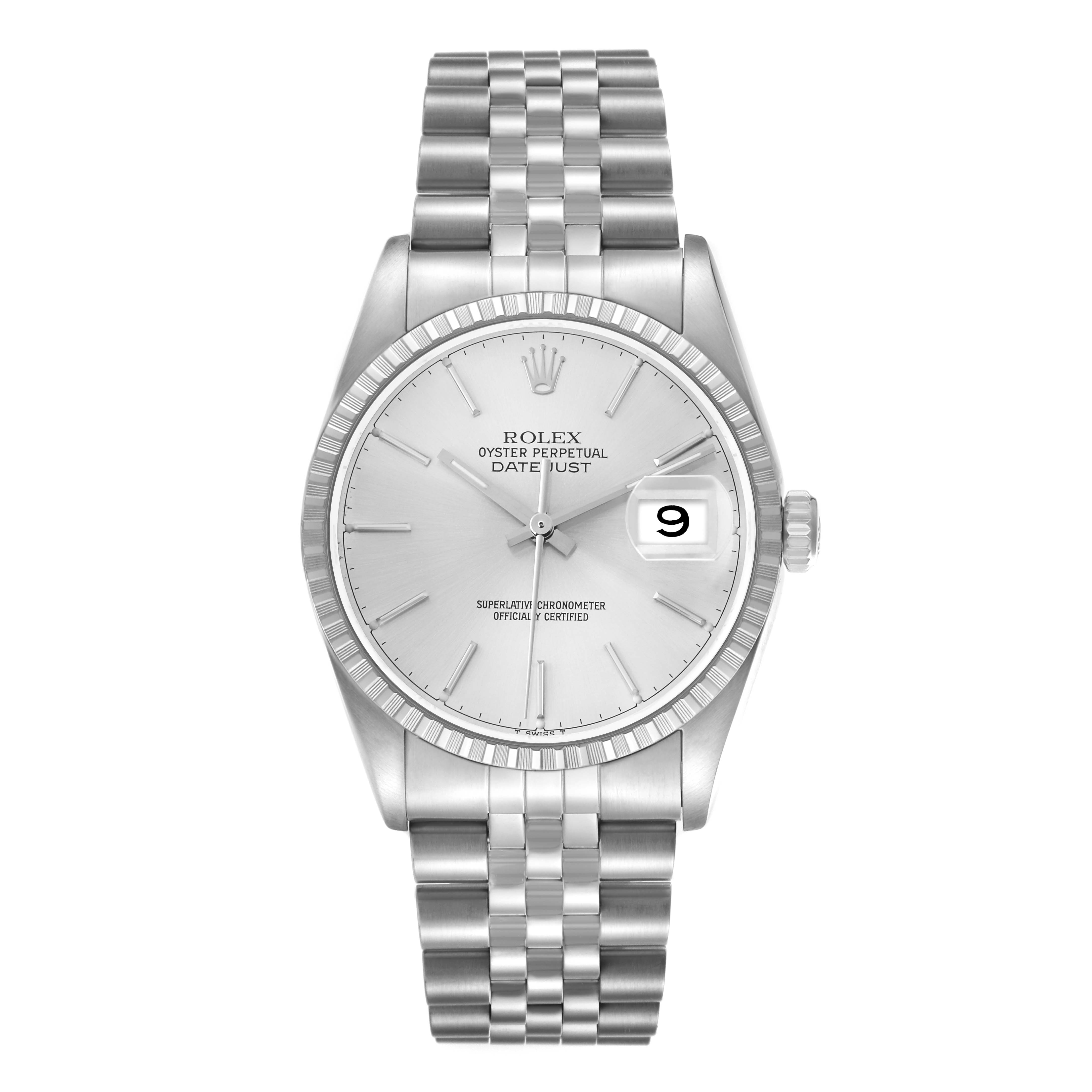 The Rolex Datejust model 16220 men
s watch is shown from a top-down angle, displaying the dial, hands, date window, bezel, and Jubilee bracelet.