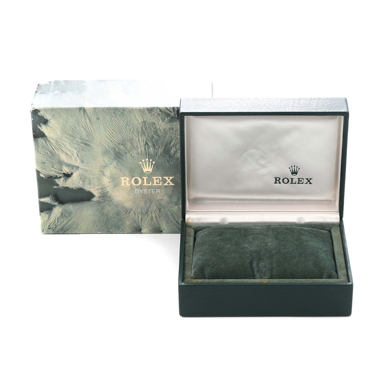 The image shows a Rolex Datejust watch box, model number 16220, opened to reveal the interior with a cushioned insert without the watch inside.