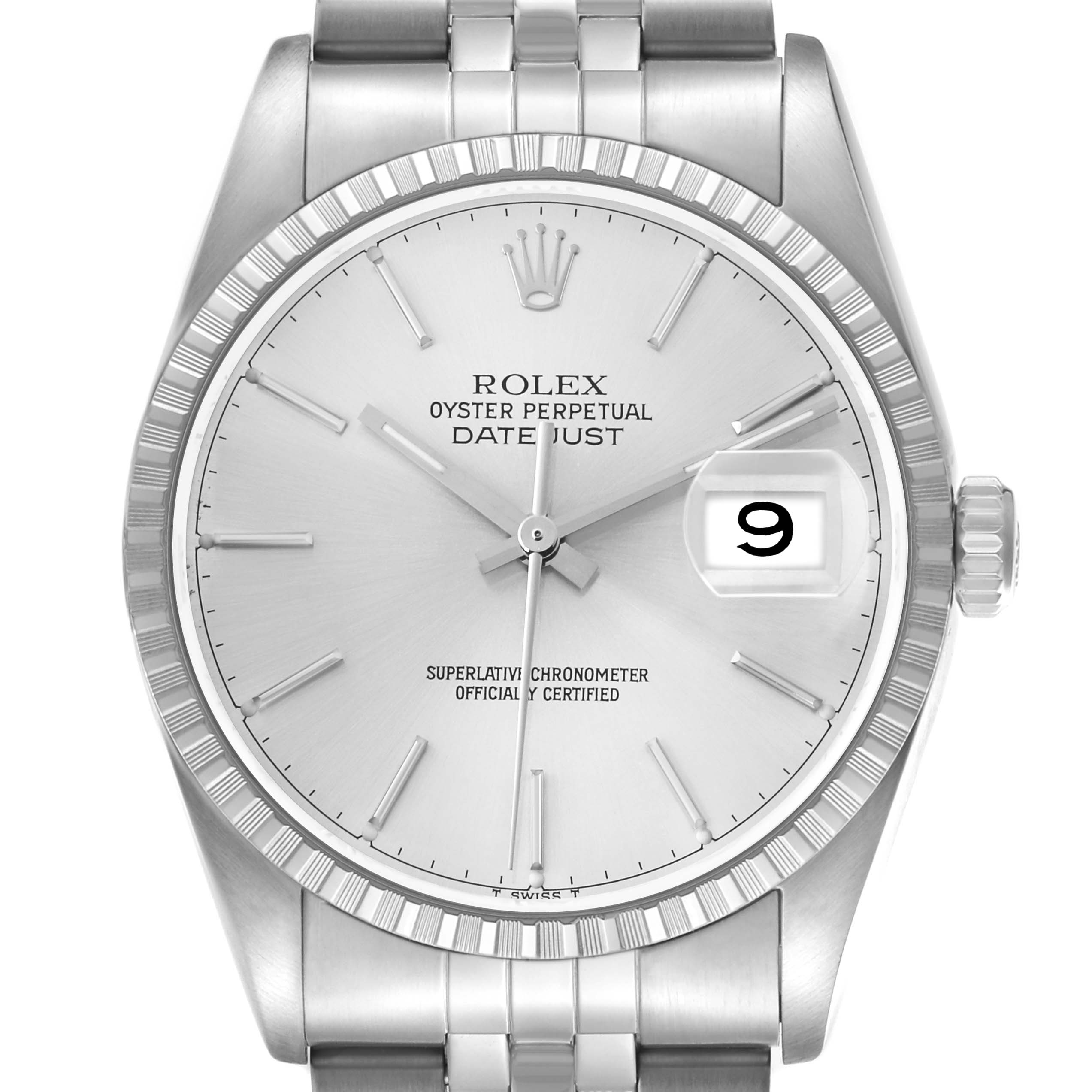 This image shows a frontal view of a Rolex Datejust model 16220 men
s watch, highlighting the dial, bezel, hands, indices, date window, and part of the bracelet.