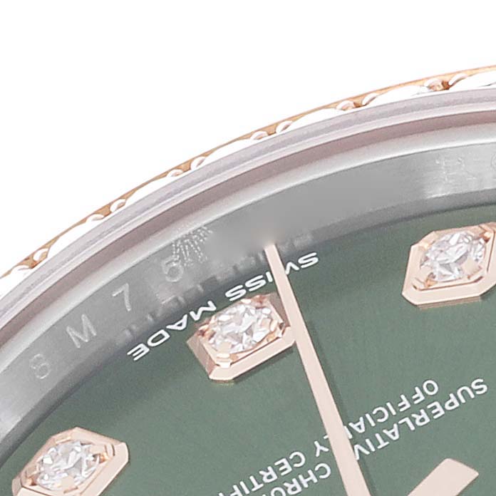 The image shows a close-up of the dial edge and hour markers of a Rolex Datejust 279381 Women's Steel and Gold (two tone) Green Dial 279381 Women's Steel and Gold (two tone) Green Dial watch.