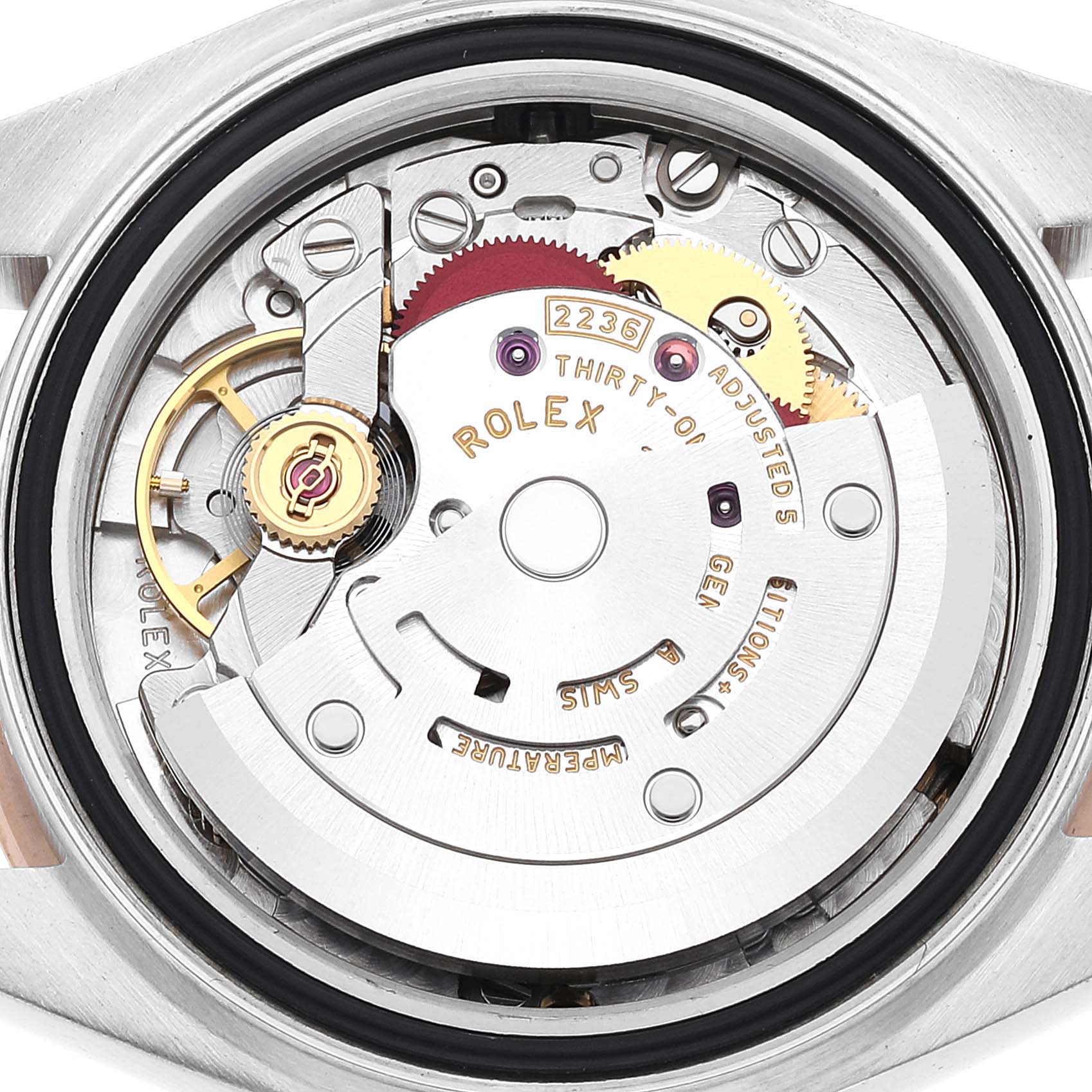 This image shows the movement mechanism of a Rolex Datejust 279381 Women's Steel and Gold (two tone) Green Dial 279381 Women's Steel and Gold (two tone) Green Dial watch viewed from the back.