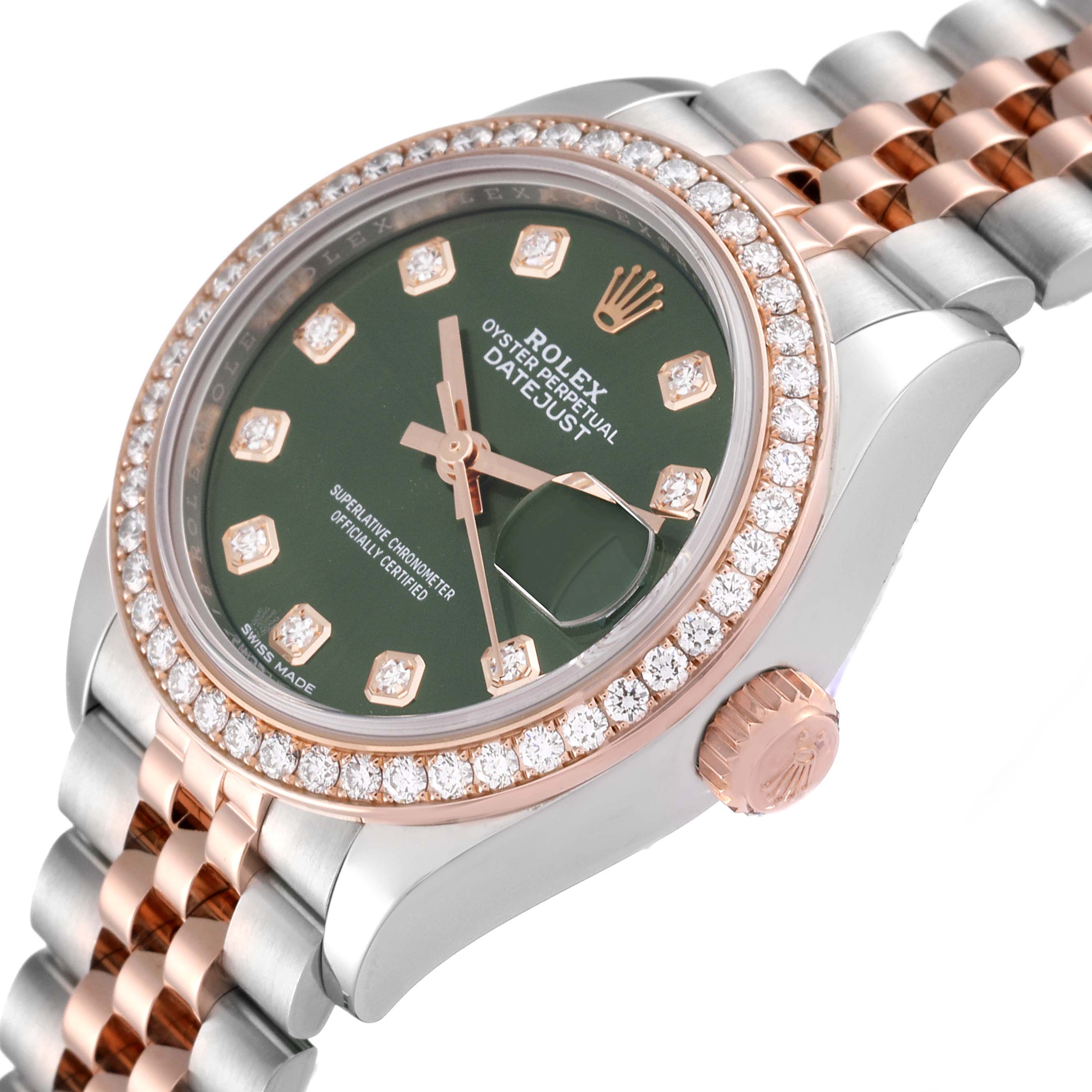 The image shows a side angle of the Rolex Datejust 279381 Women's Steel and Gold (two tone) Green Dial 279381 Women's Steel and Gold (two tone) Green Dial, featuring a green dial, diamond bezel, and Jubilee bracelet.