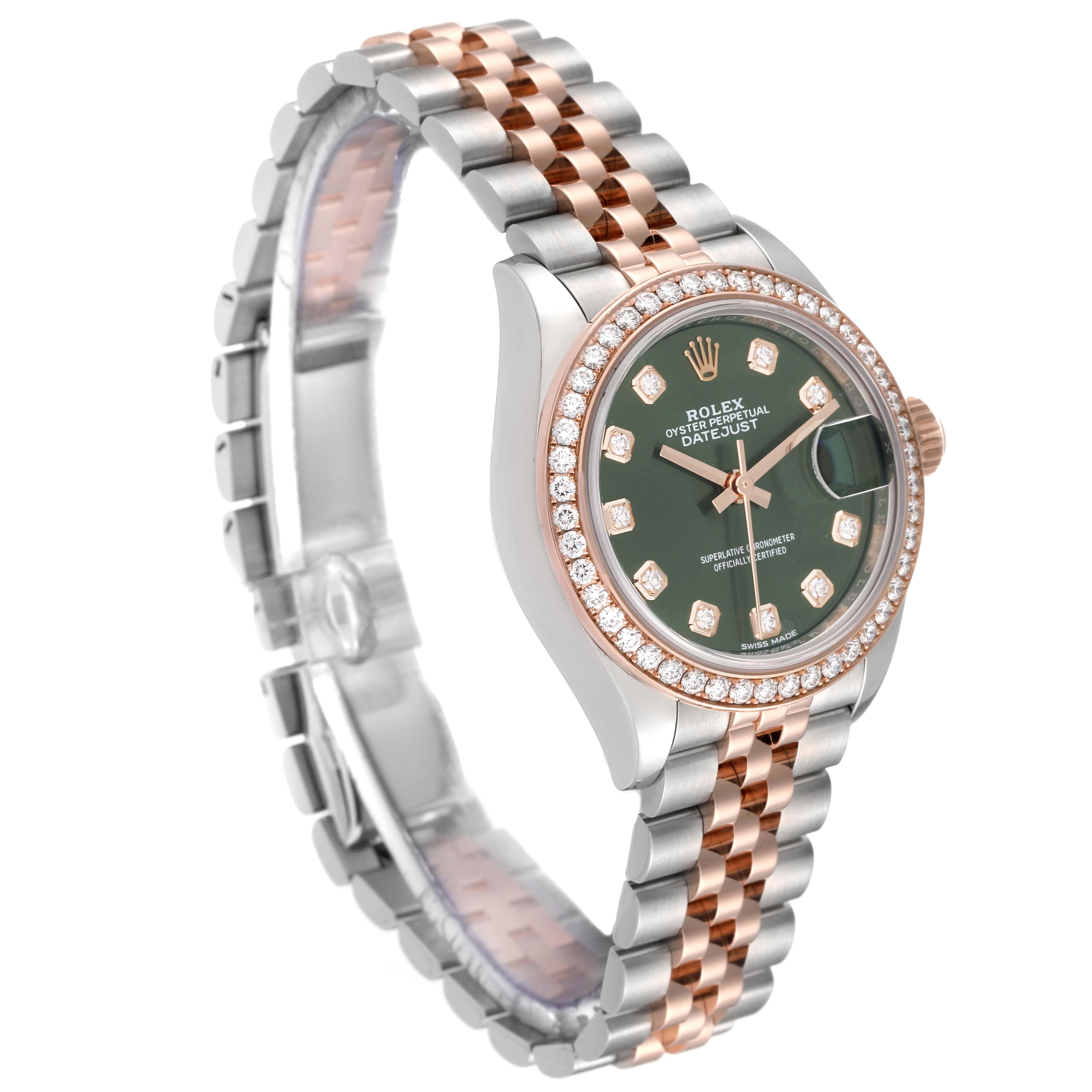 This image shows a Rolex Datejust 279381 Women's Steel and Gold (two tone) Green Dial 279381 Women's Steel and Gold (two tone) Green Dial watch at a three-quarter angle, highlighting its green dial, diamond-set bezel, and two-tone bracelet.