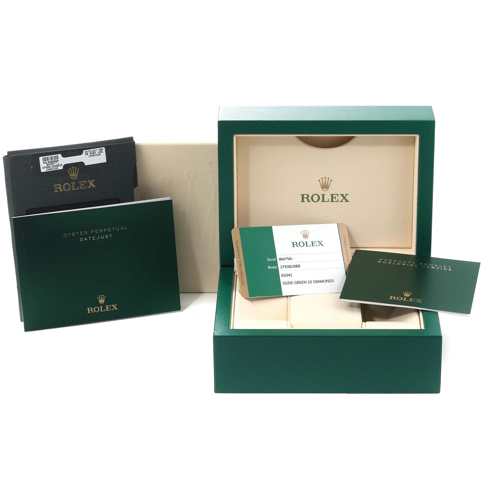The image shows Rolex Datejust 279381 Women's Steel and Gold (two tone) Green Dial 279381 Women's Steel and Gold (two tone) Green Dial accessories, including a box, warranty card, manuals, and documents, all neatly arranged.