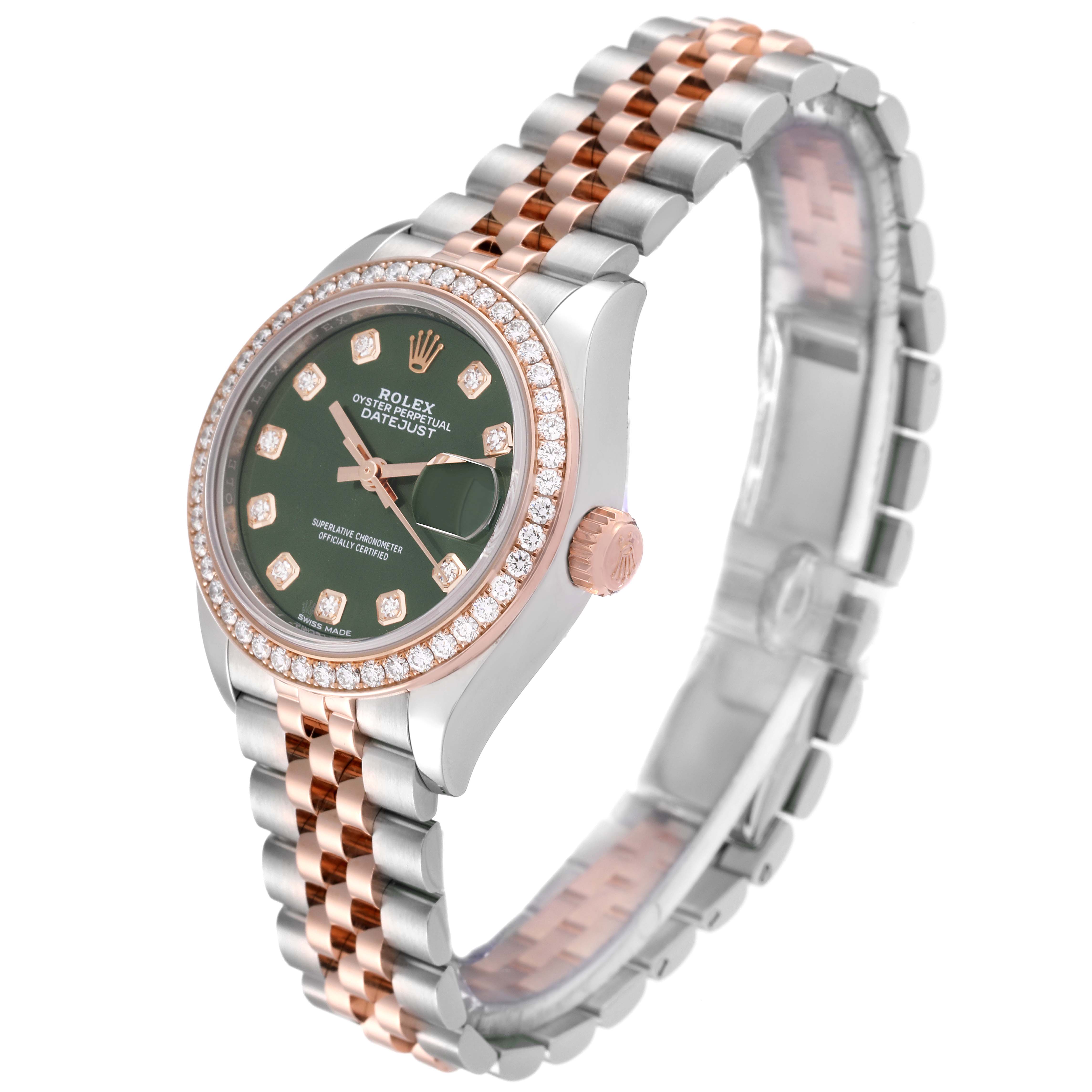 The image shows a Rolex Datejust 279381 Women's Steel and Gold (two tone) Green Dial 279381 Women's Steel and Gold (two tone) Green Dial watch at a three-quarter angle, highlighting its dial, bezel, case, and two-tone bracelet.