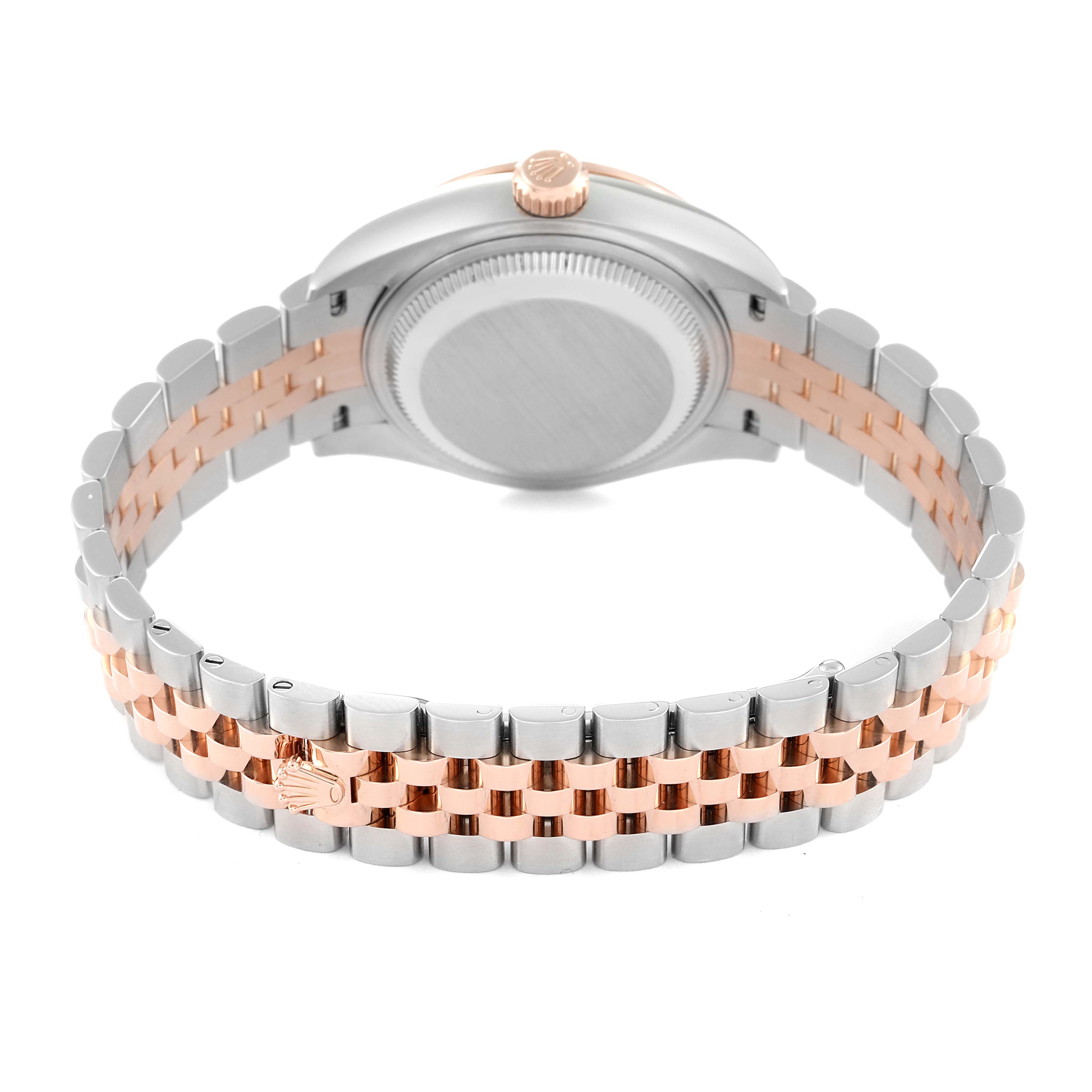 This image shows the back of a Rolex Datejust 279381 Women's Steel and Gold (two tone) Green Dial 279381 Women's Steel and Gold (two tone) Green Dial watch, emphasizing the two-tone bracelet and the watch's caseback.