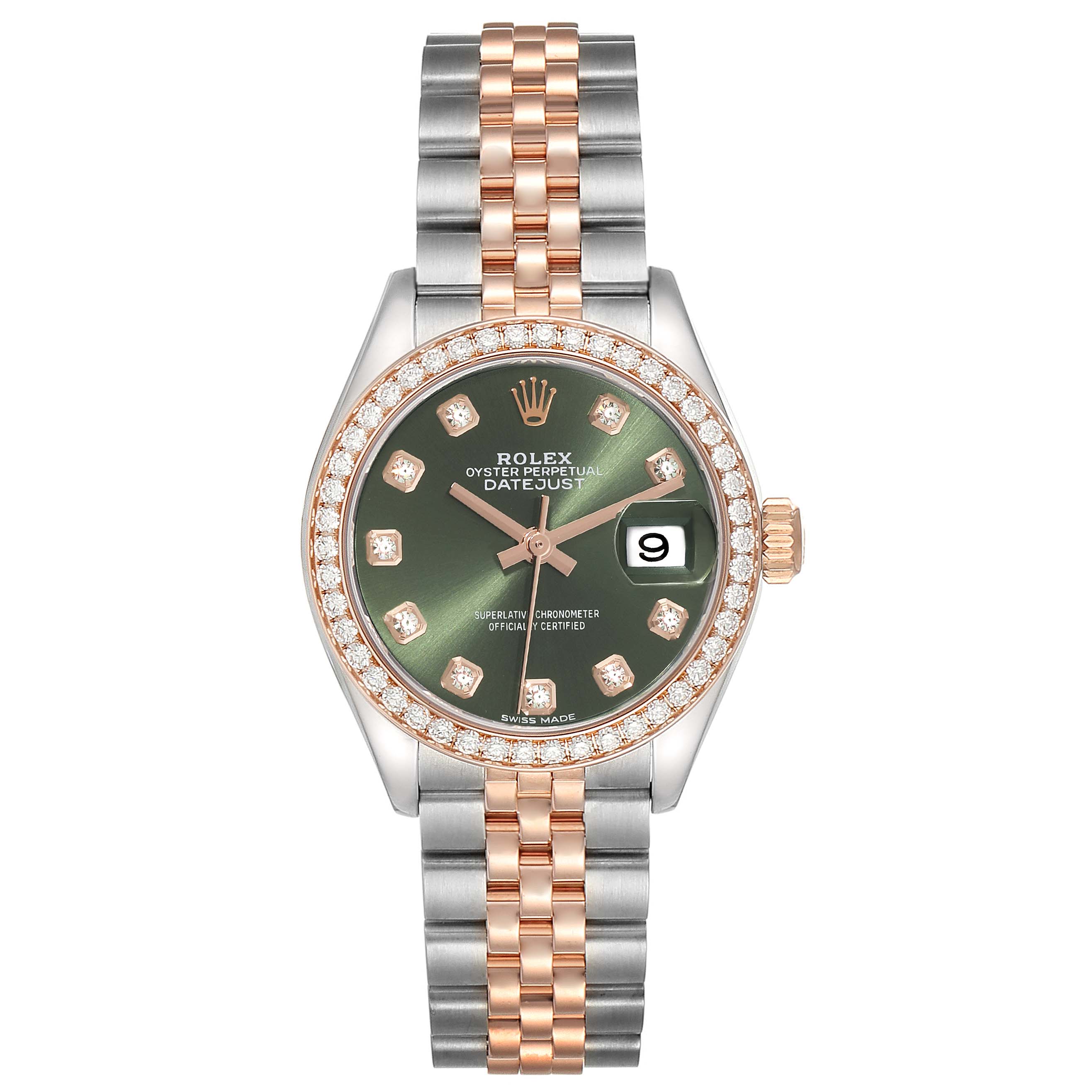 This Rolex Datejust 279381 Women's Steel and Gold (two tone) Green Dial 279381 Women's Steel and Gold (two tone) Green Dial is shown from a top-down angle, displaying the face, bezel, and two-tone bracelet.