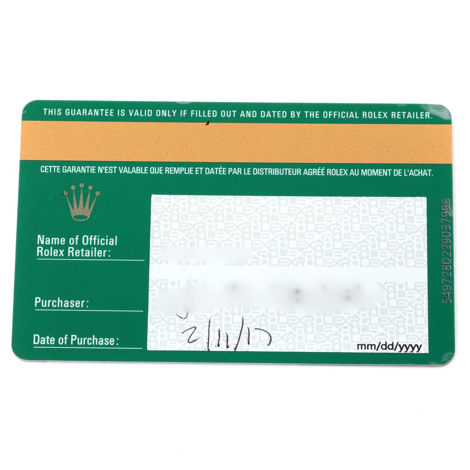 This is an image of the guarantee card for the Rolex Datejust 279381 Women's Steel and Gold (two tone) Green Dial 279381 Women's Steel and Gold (two tone) Green Dial model, issued by the official Rolex retailer.