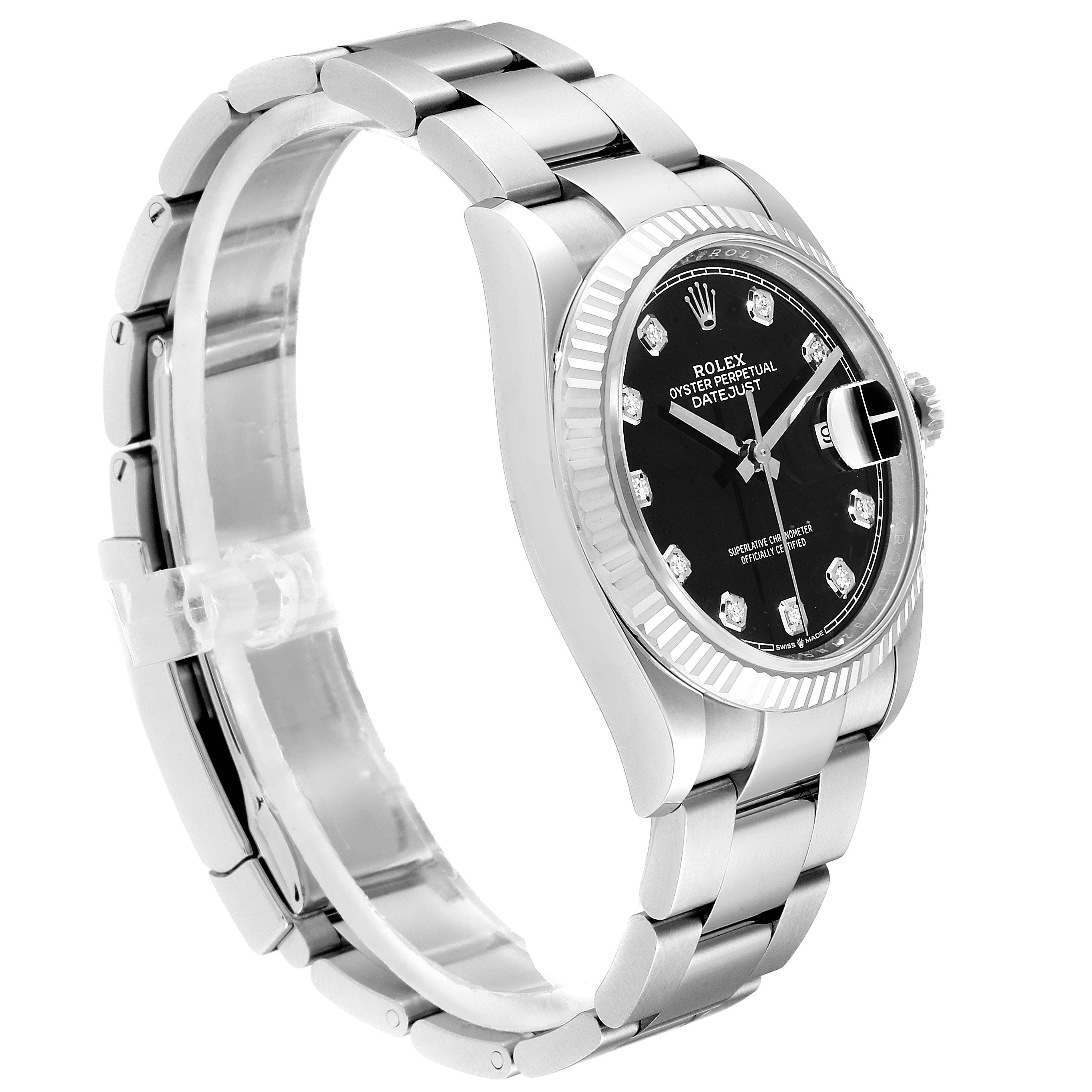 The image shows a side angle view of a Rolex Datejust 126234 Men's Stainless Steel Black Dial 126234 Men's Stainless Steel Black Dial model, highlighting the bracelet, case, dial, and bezel.