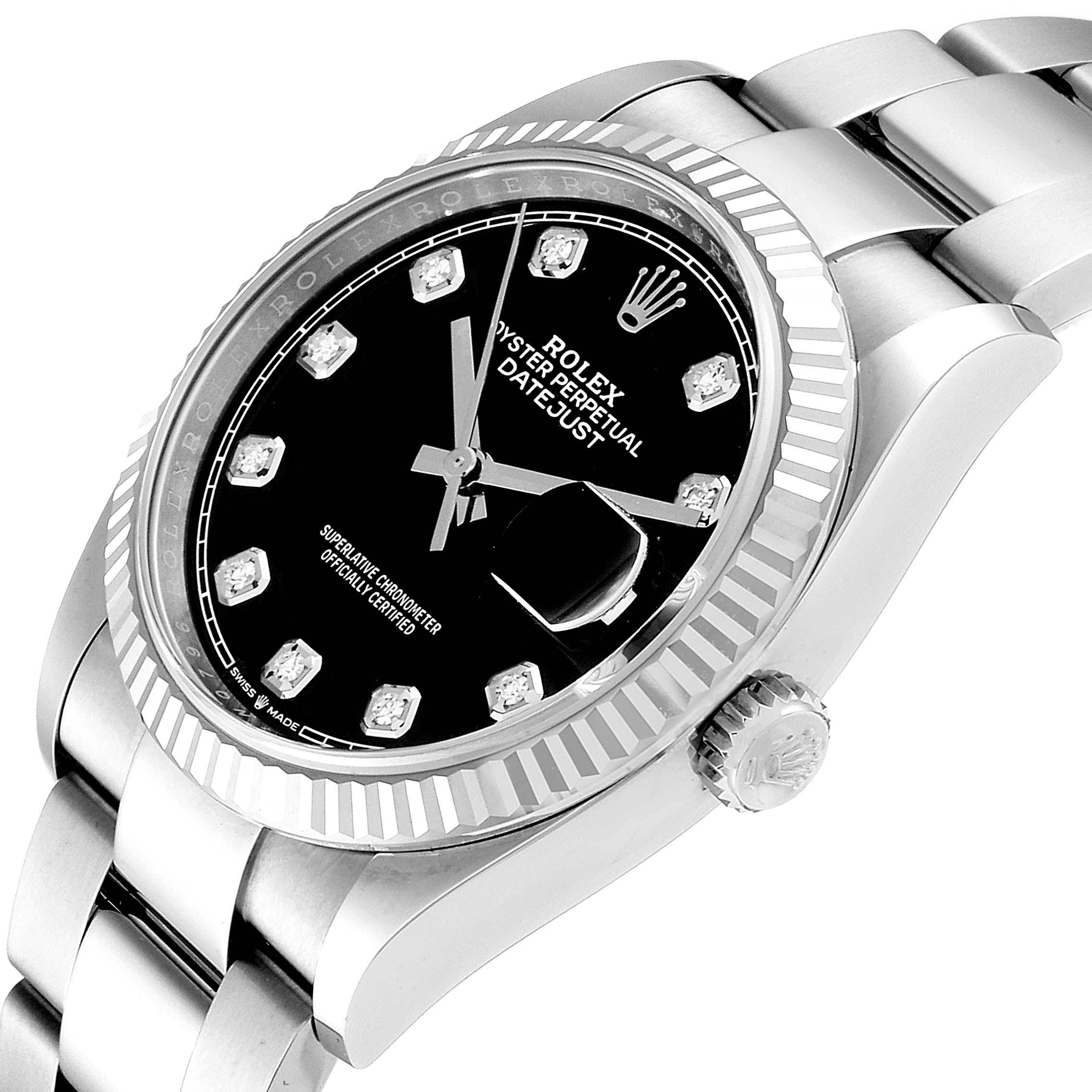 The image shows a Rolex Datejust 126234 Men's Stainless Steel Black Dial 126234 Men's Stainless Steel Black Dial watch at a tilted angle, highlighting its bezel, crown, and part of the bracelet.