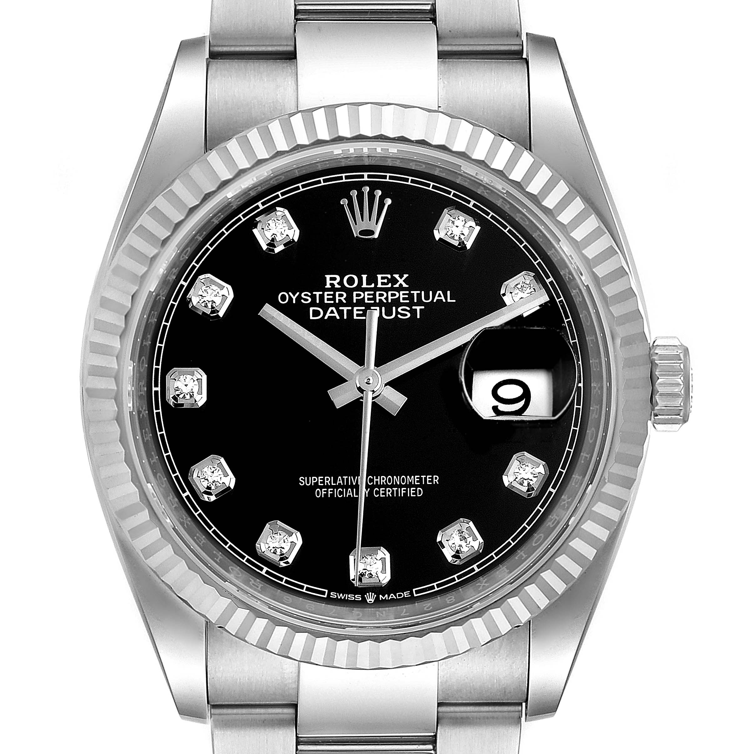This is a front view of a Rolex Datejust 126234 Men's Stainless Steel Black Dial 126234 Men's Stainless Steel Black Dial watch featuring a black dial, diamond hour markers, and a date display at 3 o'clock.
