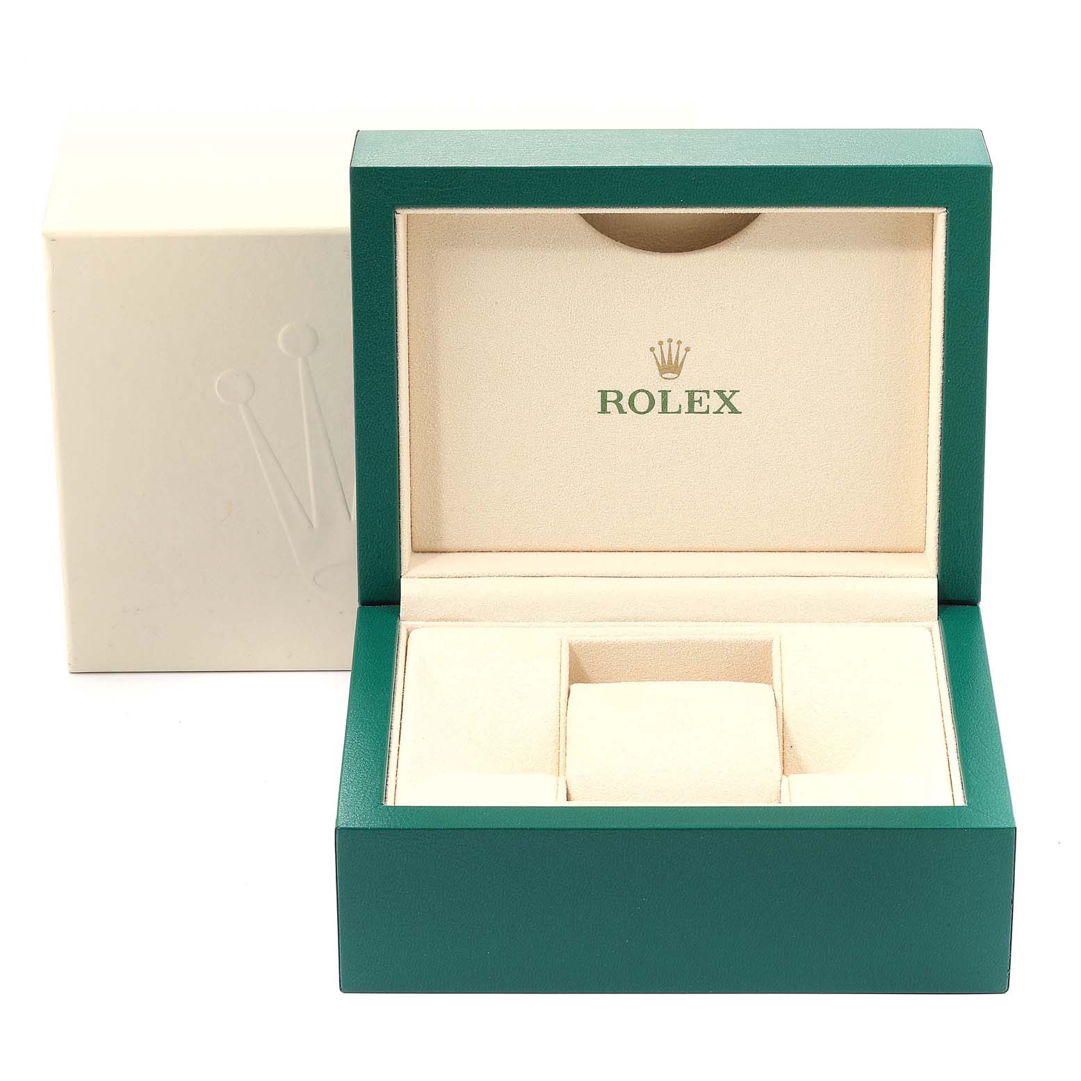 The image shows an open green and beige Rolex box, suitable for a Datejust model watch, branded with the Rolex logo.